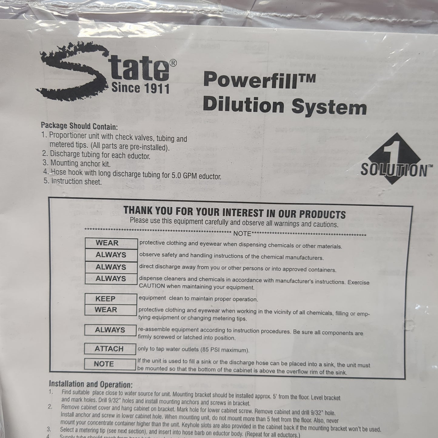 NIB State Industrial One Solution 3 Product Dispenser Powerfill Dilution System (shf-APR494)