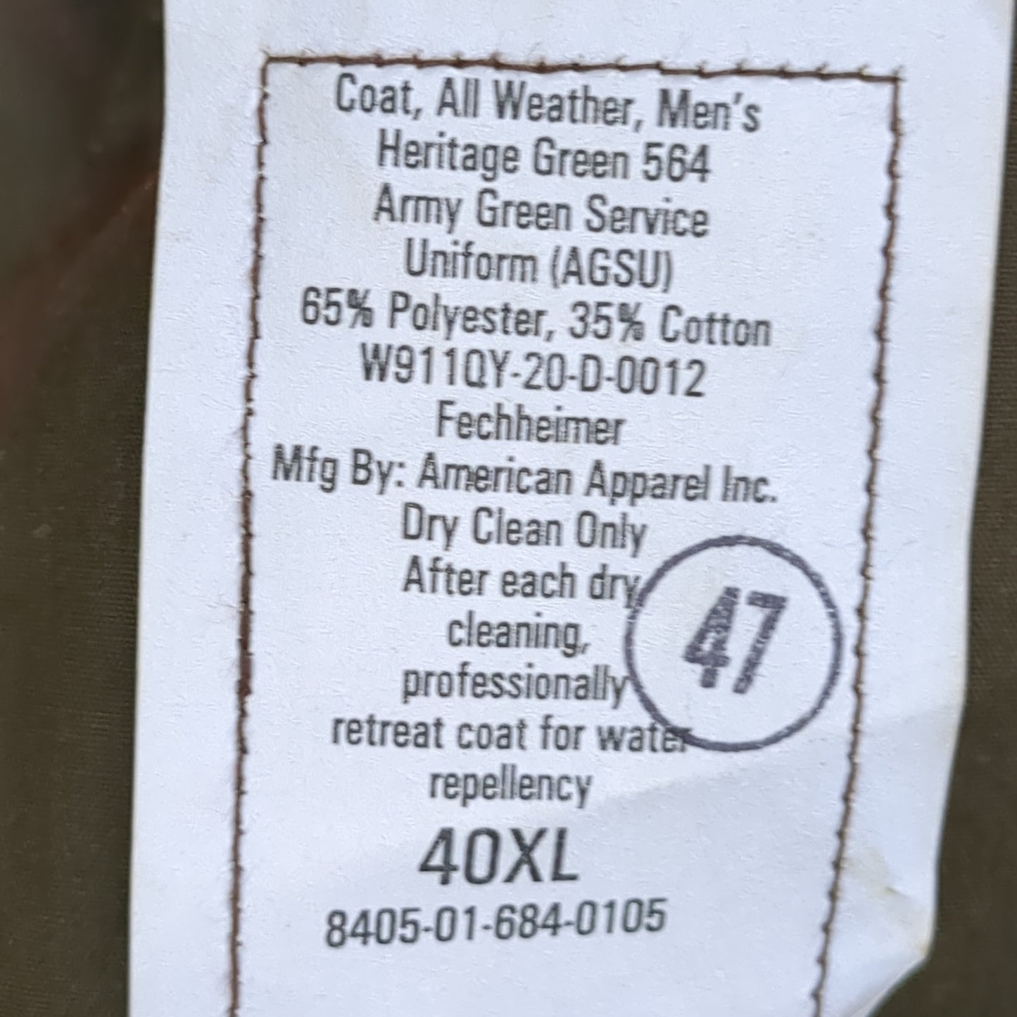 NWT US Army DCSP Heritage Green 40XL All-Weather Overcoat Dress Uniform (DG2- ea02-JUL4)