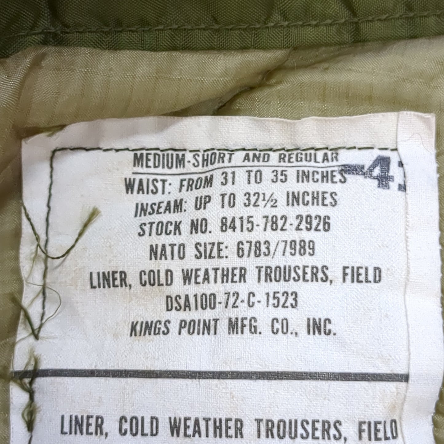 Vintage US Army Cold Weather Liner Trousers Medium (cw- ea04-AUG34)