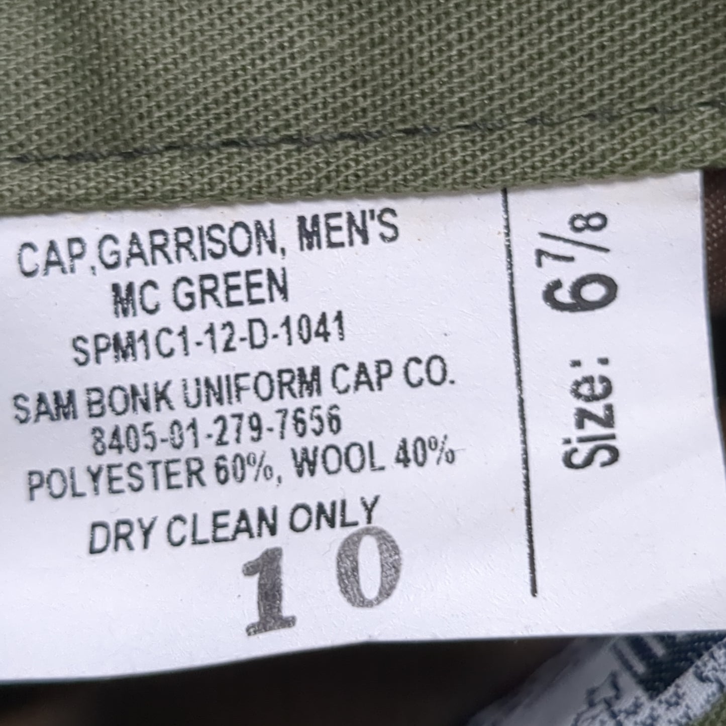 SAM BONK Sz 6 7/8 Garrison Men's MC Green Poly Wool Cap Cover Marine Gabardine (22s ac15-g106)