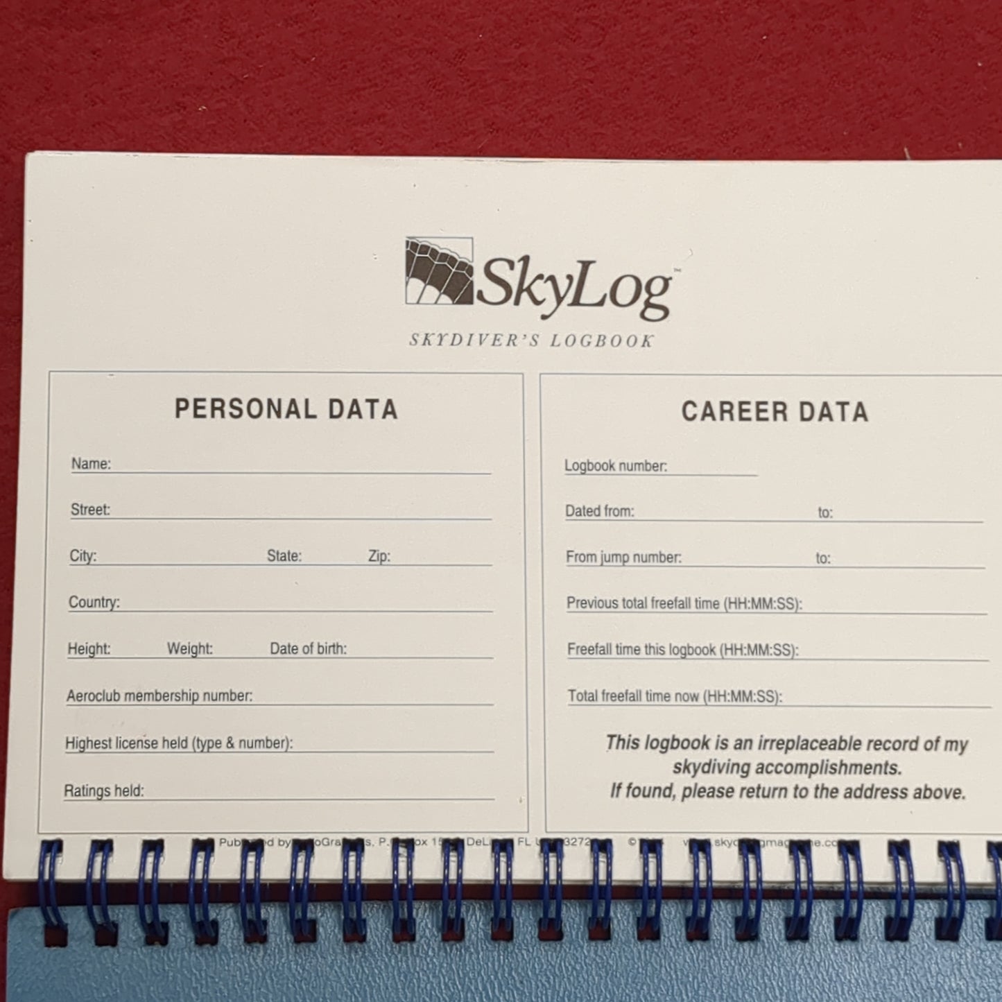 NOS SkyLog Sky Divers Log Book (manual-SEP77)
