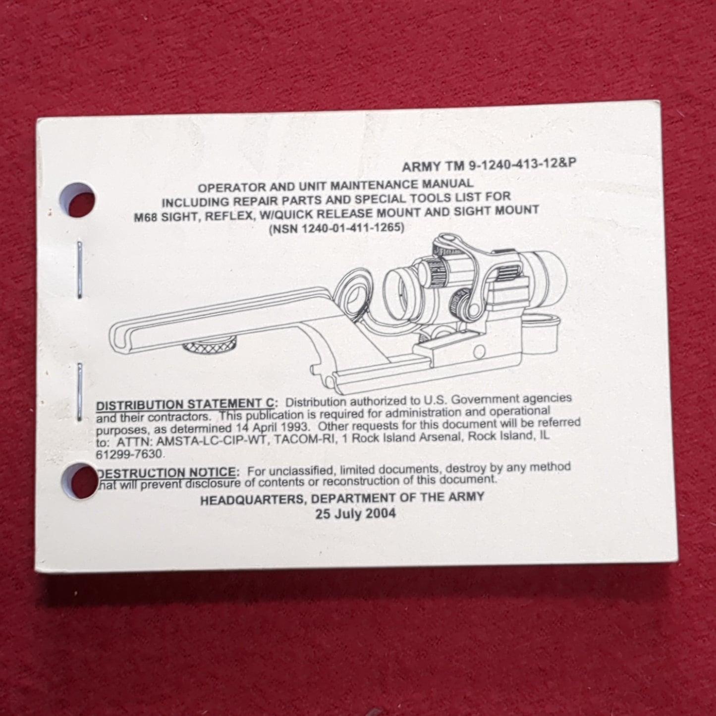 BOOK: 25 JULY 2004 OPERATOR MAINTENACE MANUAL M68 SIGHT w/QUICK RELEASE MOUNT (box1)