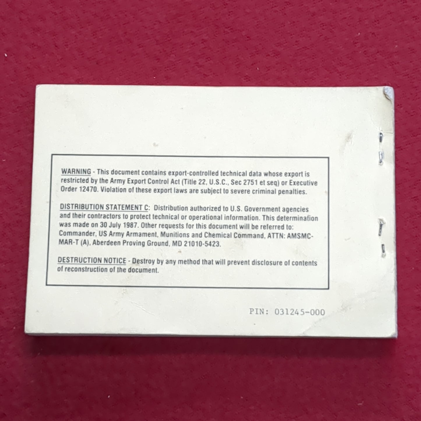 BOOK: 15 MARCH 1988 MASK CHEMICAL-BIOLOGICAL M24/M25A1 (box1)