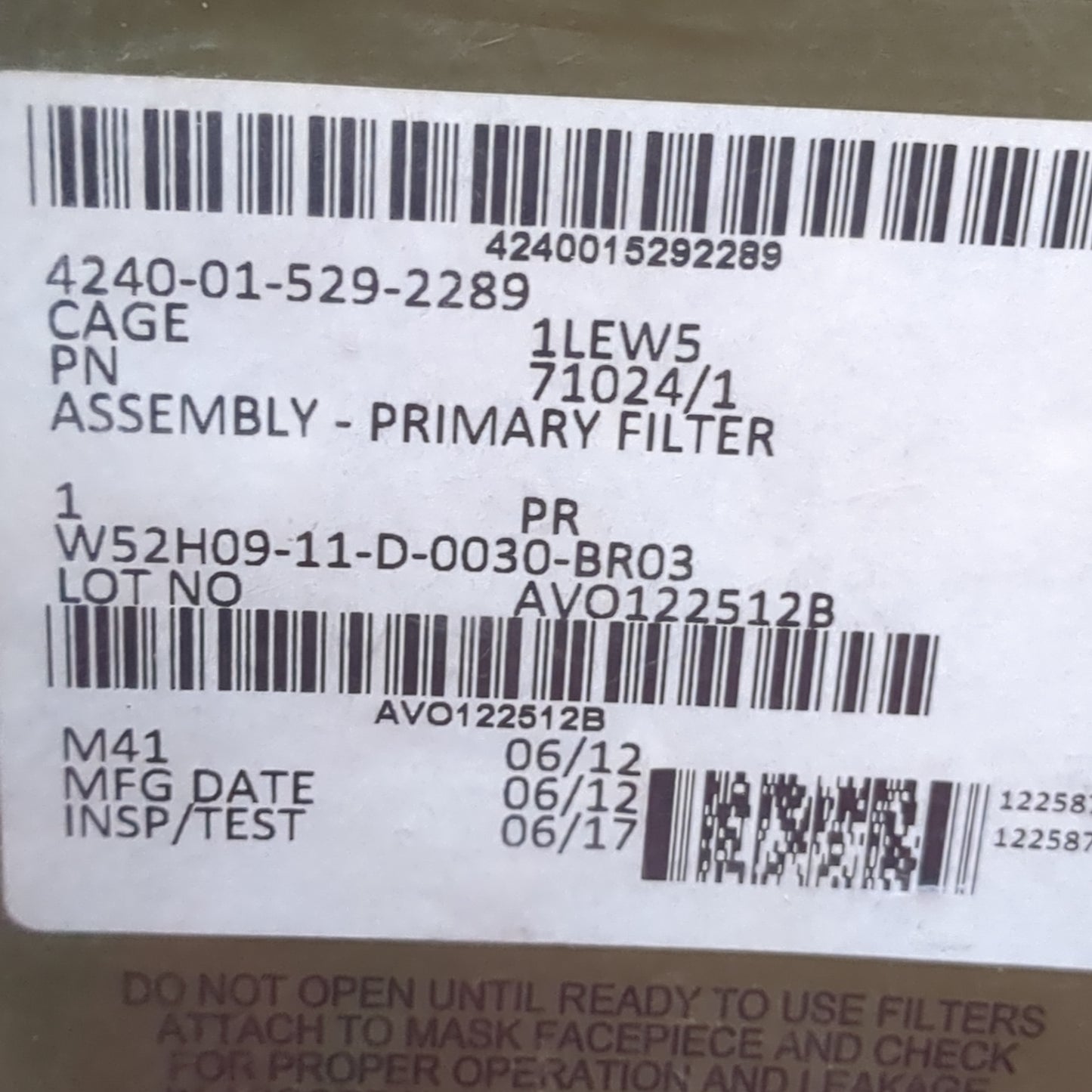 NOS SEALED US Army Avon M50 Primary Filter Assembly 4240-01-529-2289 (26o- da13-may113)