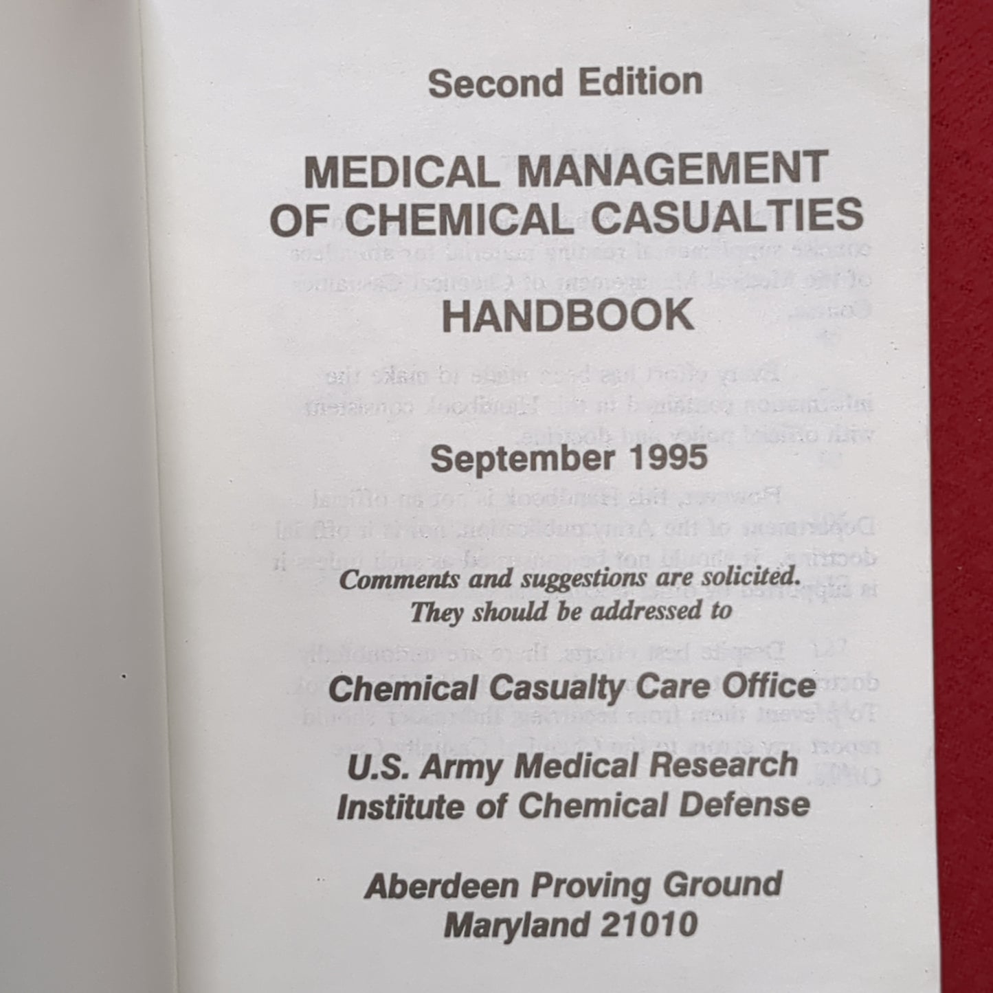 BOOK: September 1995 Second Edition Medical Management Of Chemical Casualties Handbook (box2)