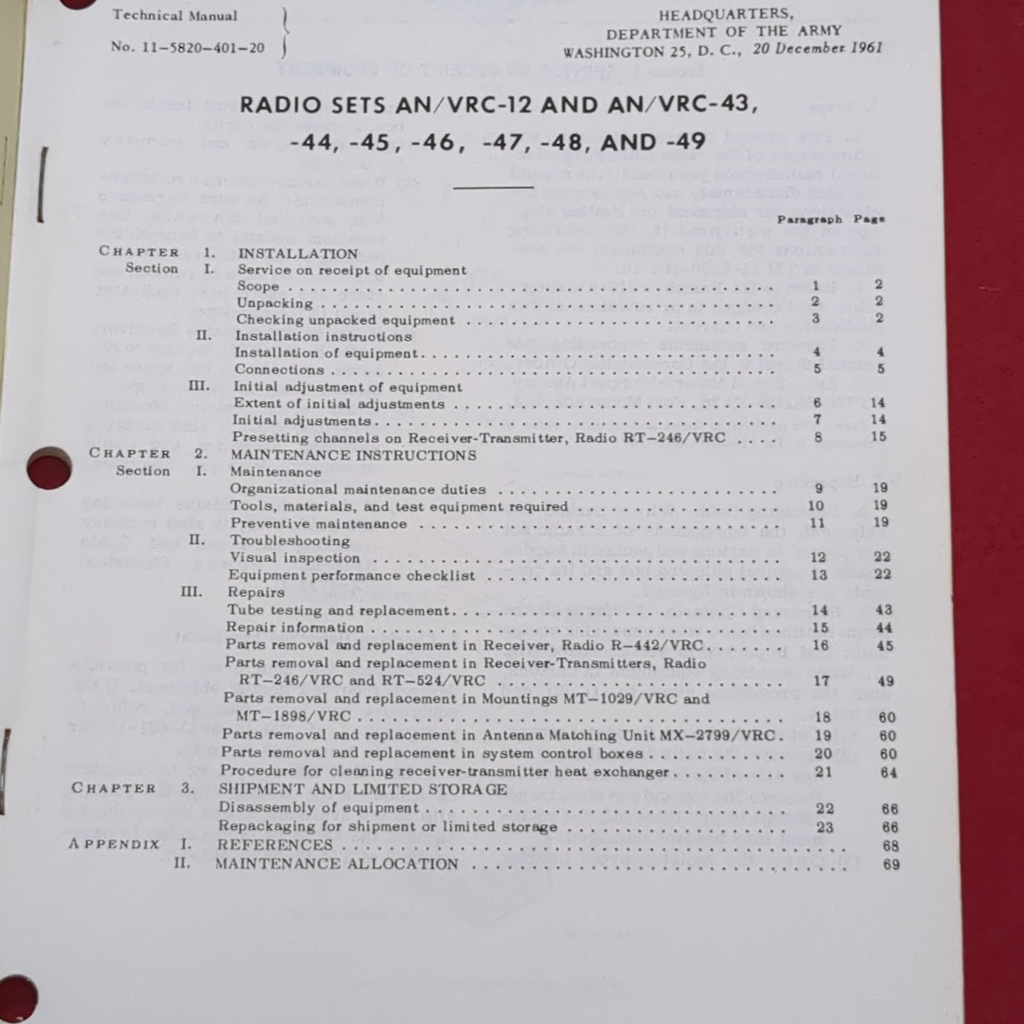 BOOK:20 DECEMBER 1961 ORGANIZATIONAL MAINTENANCE MANUAL RADIO SETS AN/VCR-12, AND AN/VRC-43, -44, -44, -45,, -46, -47, 48, AND -49 (box5)