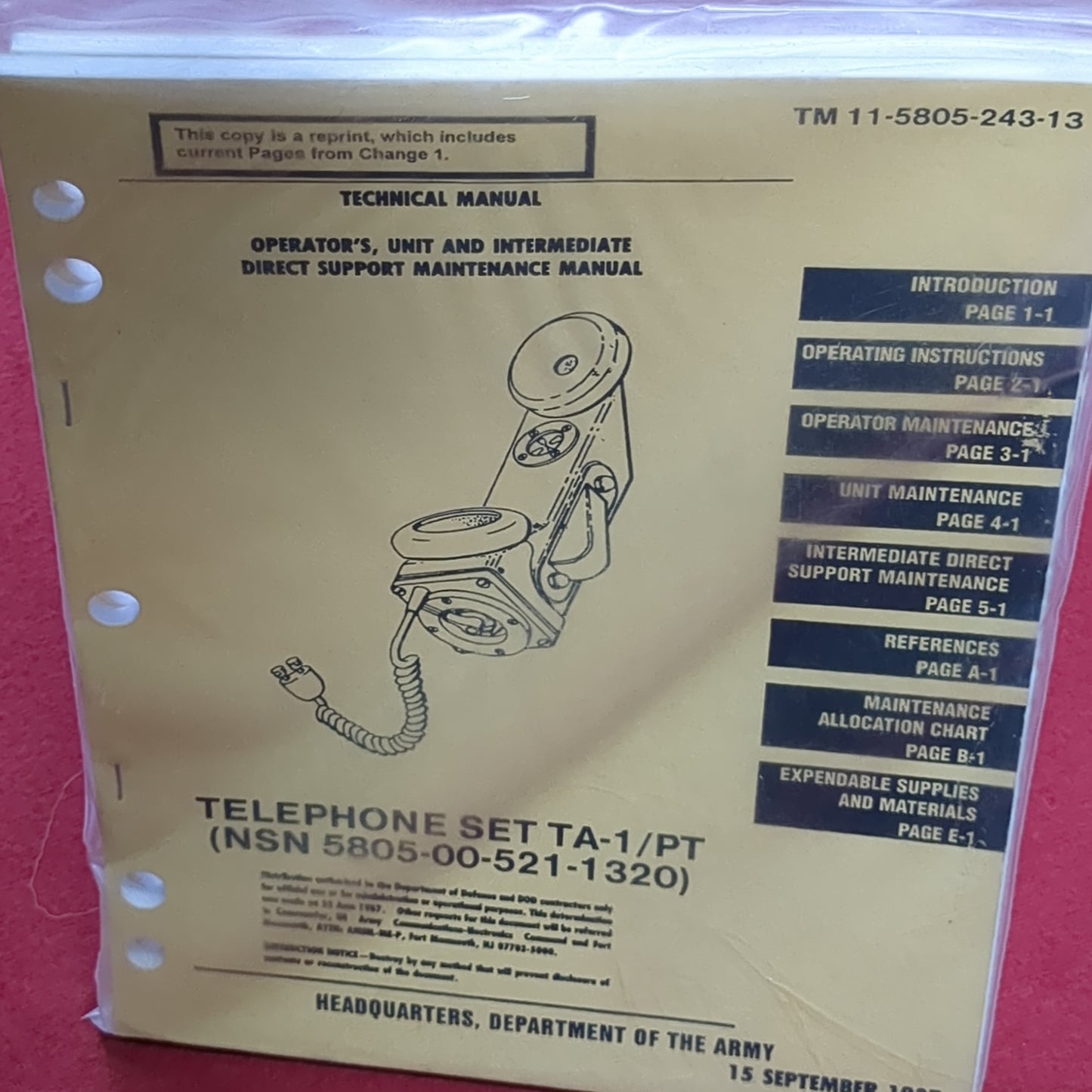 BOOK: TECHNICAL MANUAL OPERATOR'S UNIT AND INTERMEDIATE DIRECT SUPPORT MAINTENANCE MANUAL TELEPHON 15 SEPTEMBER 1987 (box5)