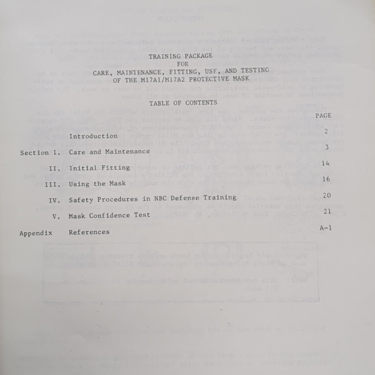 BOOK: TRAINING PACKAGE FOR CARE, MAINTENANCE, FITTING, USE, AND TESTING OF THE M17A1/M17 A2 PROTECTIVE MASK JANUARY 1983(box6)