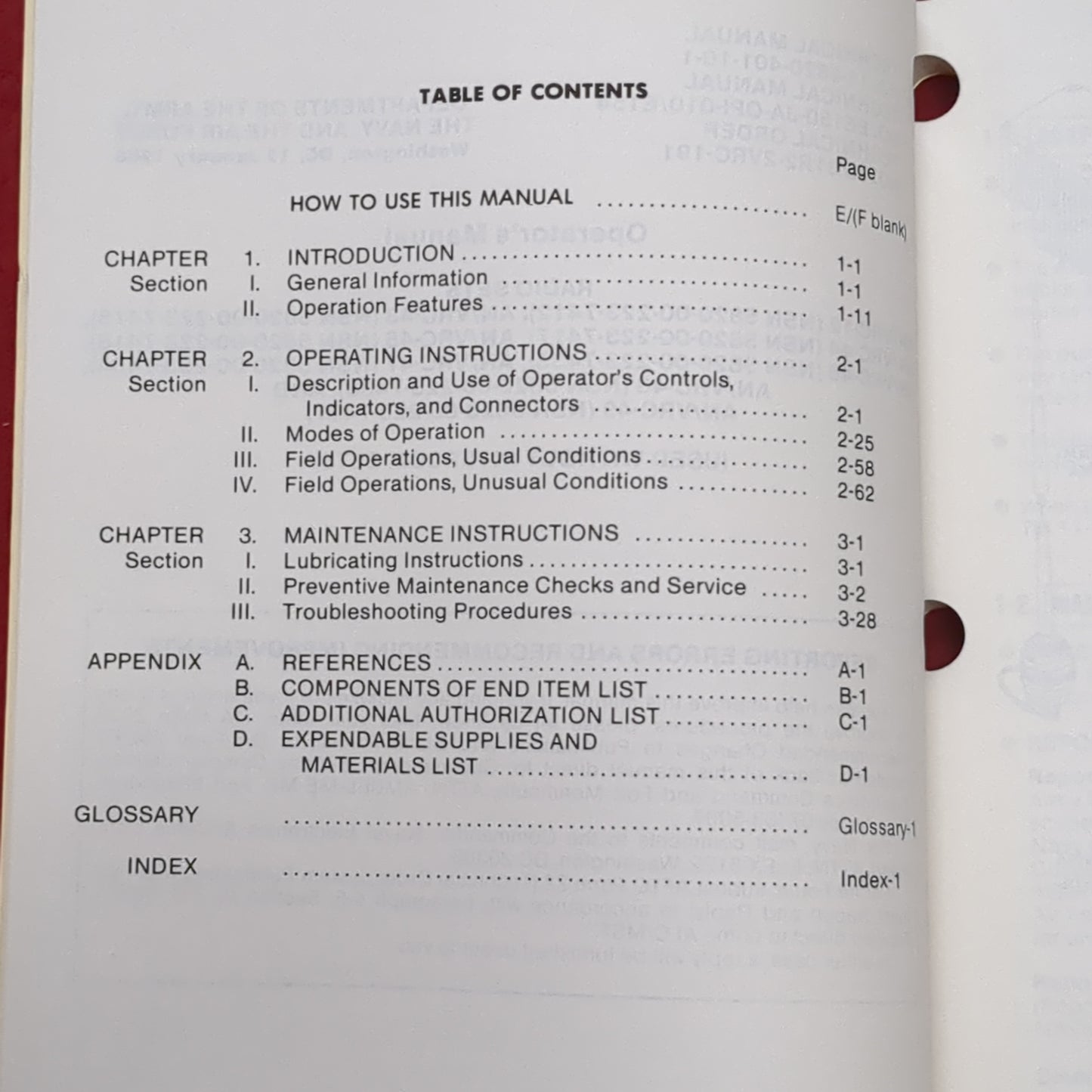 BOOK: OPERATOR'S MANUAL: RADIO SETS; EQUIPMENT 1-12; OPERATOR'S CONTROLS 2-1; PMCS 3-2; OPERATION 3-20; TROUBLE SHOOTING 3-28 15 JANUARY 1986(box7)