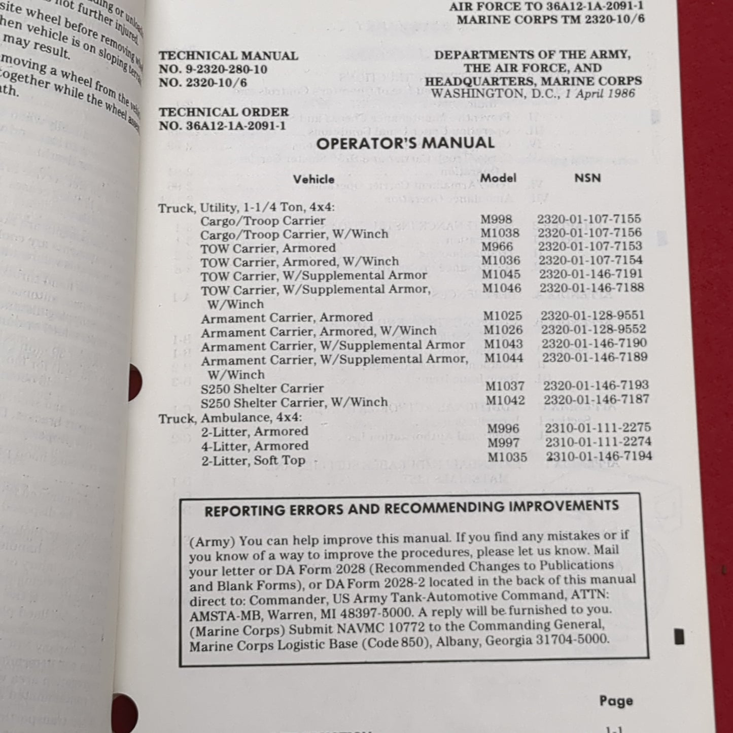 BOOK: OPERATOR'S MANUAL FOR: TRUCK, UTILITY: CARGO/TROOP CARRIER,; ARMORED; WINCH; ARMOR.... APRIL 1985(box7)