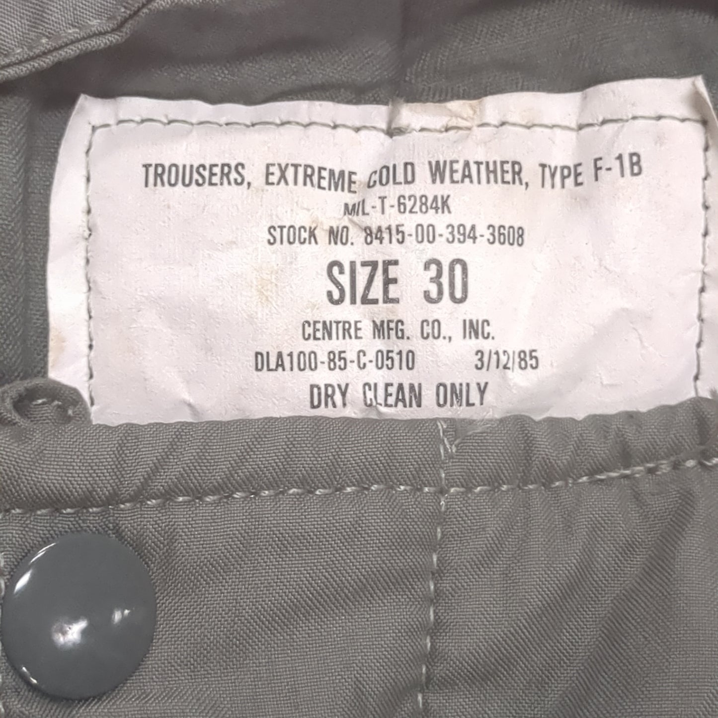 US Military F-1B Extreme Cold Weather Trousers 1982 W/O Suspenders Men's Sz 30 Excellent Condition (da13-OCT181)