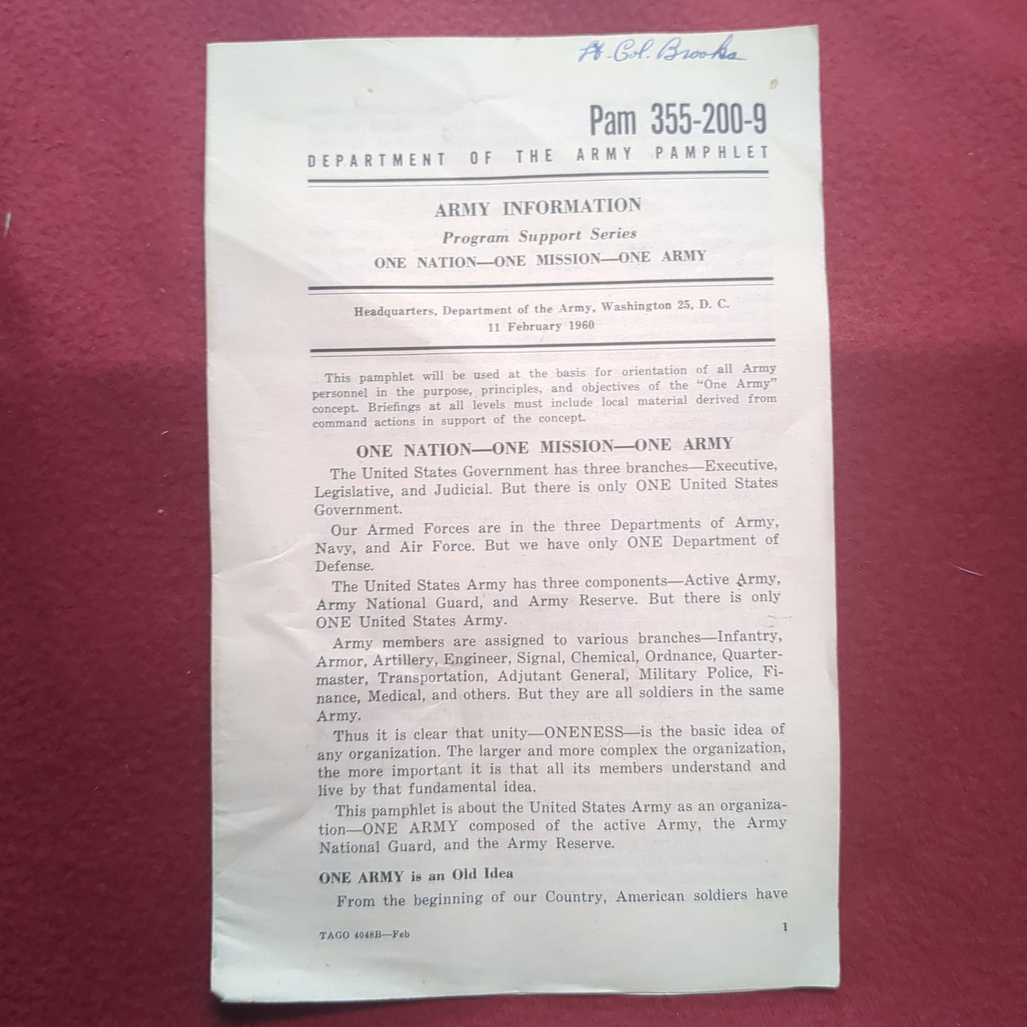 BOOK: ARMY INFORMATION ONE NATION-ONE MISSION-ONE ARMY 11 FEBRUARY 1960 (box10)