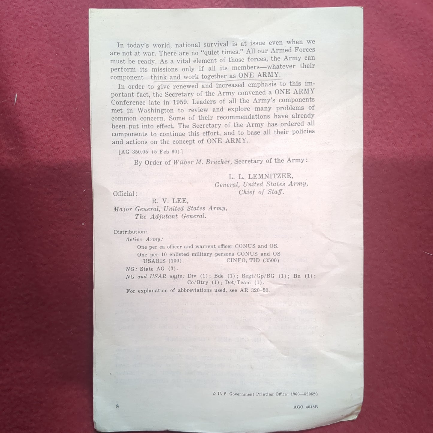 BOOK: ARMY INFORMATION ONE NATION-ONE MISSION-ONE ARMY 11 FEBRUARY 1960 (box10)