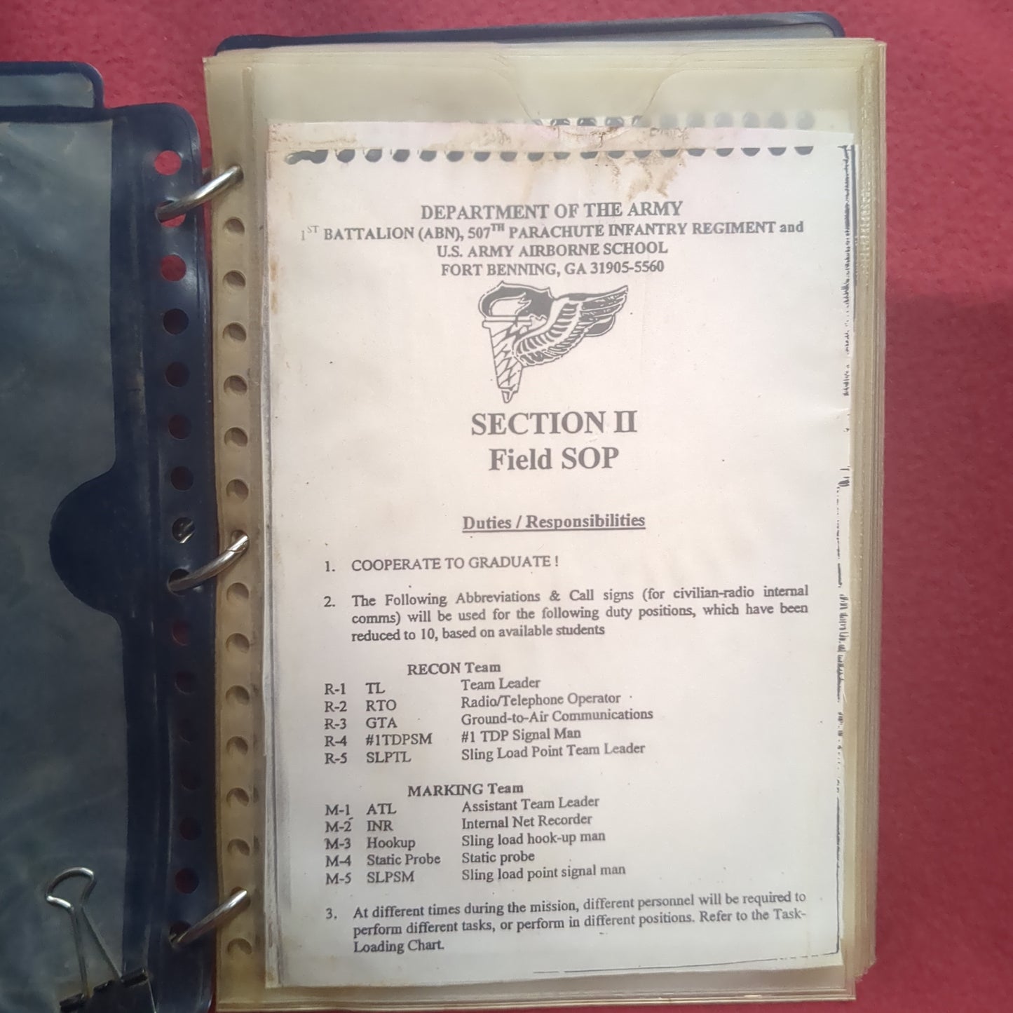 BOOK; BATTALION (ABN) PARACHUTE INFANTRY REGIMENT AND U.S. ARMY AIRBORNE SCHOOL SECTION II: FIELD SOP (box10)
