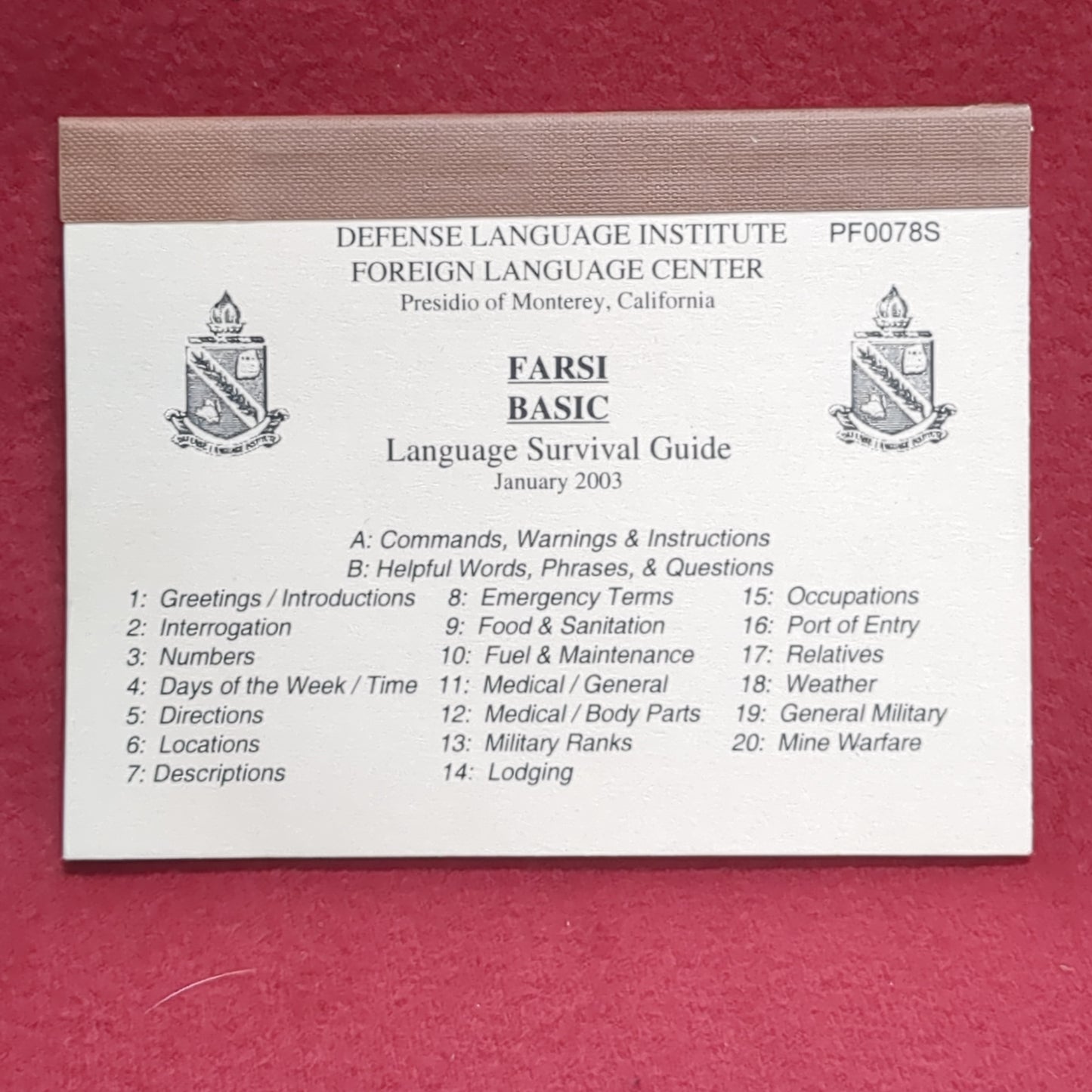 BOOK: FARSI BASIC LANGUAGE SURVIVAL GUIDE JANUARY 2003 (box10)