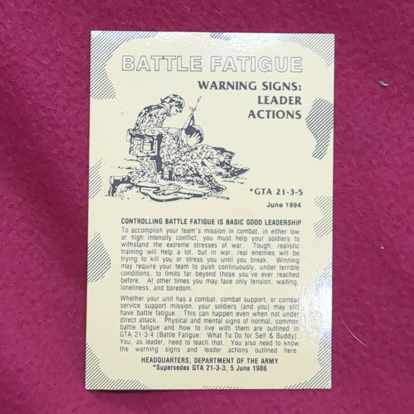 BOOK: BATTLE FATIGUE WARNING SIGNS: LEADER ACTIONS JUNE 1994 (box10)