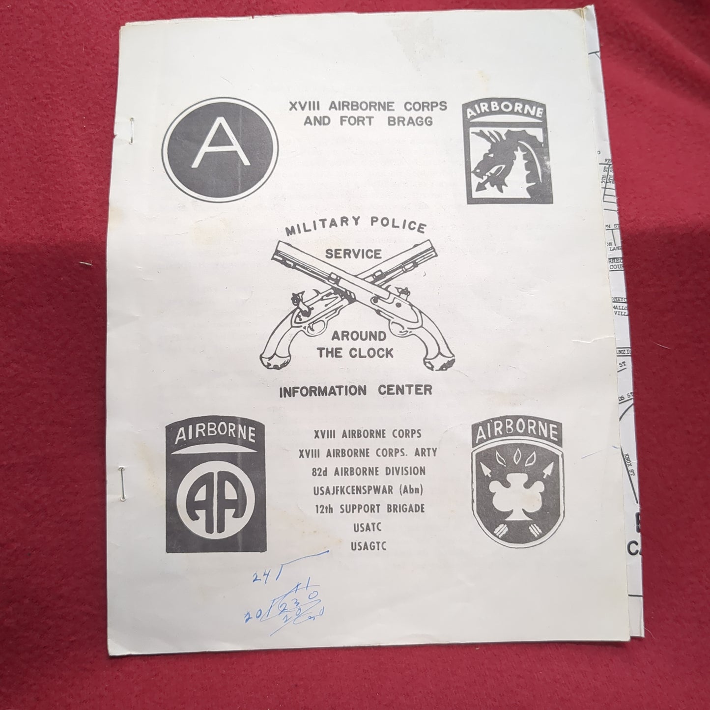 BOOK/PAMPHLET: XVIII AIRBORNE CORPS AND FORT BRAGG MIILITARY POLICE SERVICE AROUND THE CLOCK INFORMATION CENTER