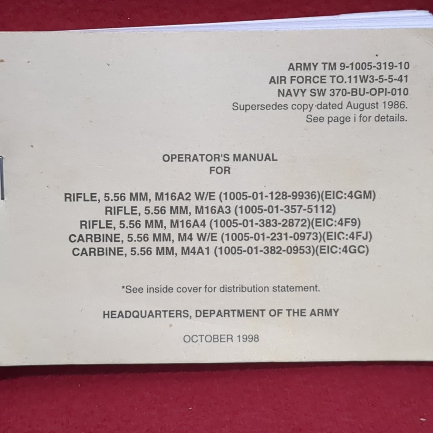 BOOK: OPERATOR'S FOR RIFLE, CARBINE OCTOBER 1998 (box10)