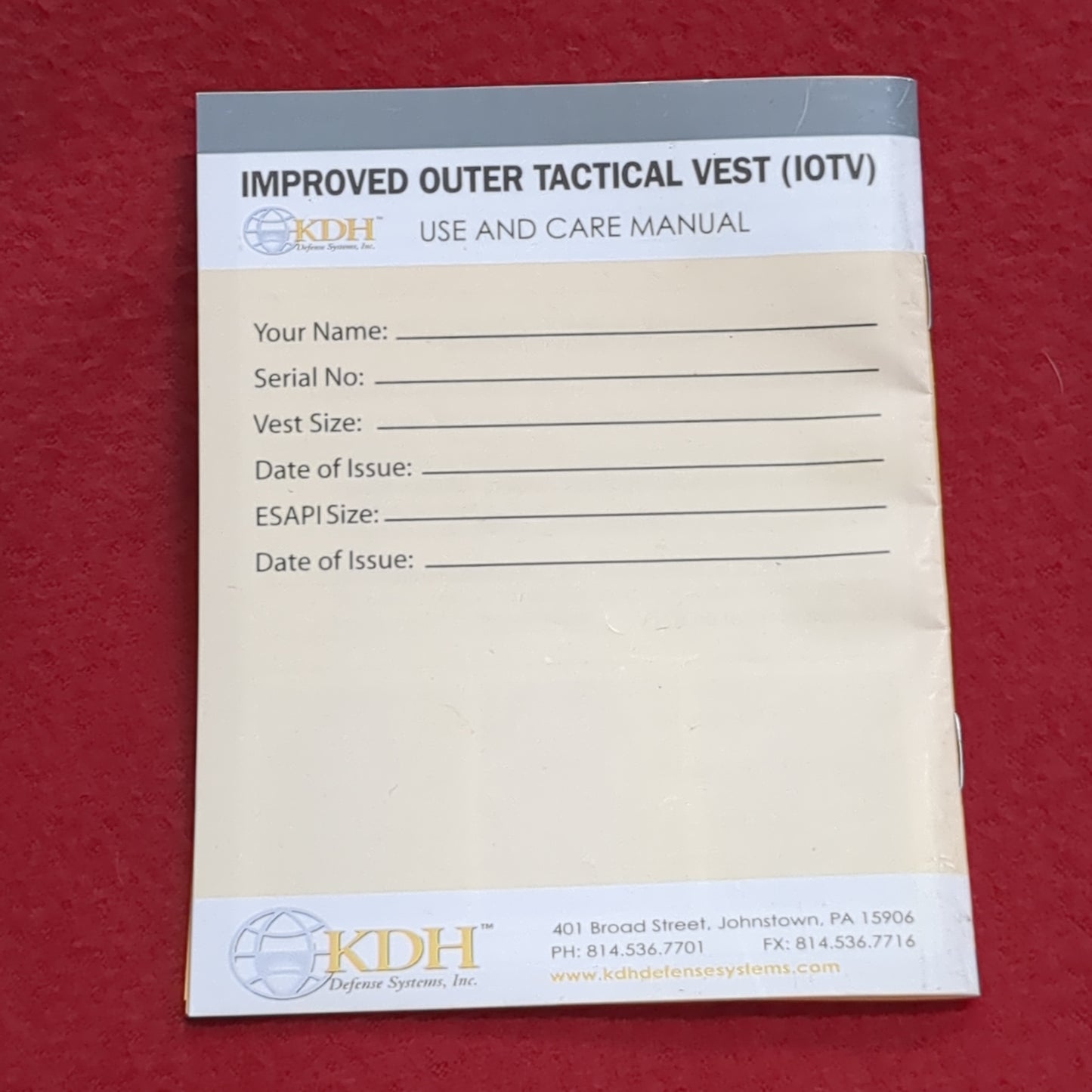 BOOK: IMPROVED OUTER TACTICAL VEST (I0TV) USE AND CARE MANUAL (box10)