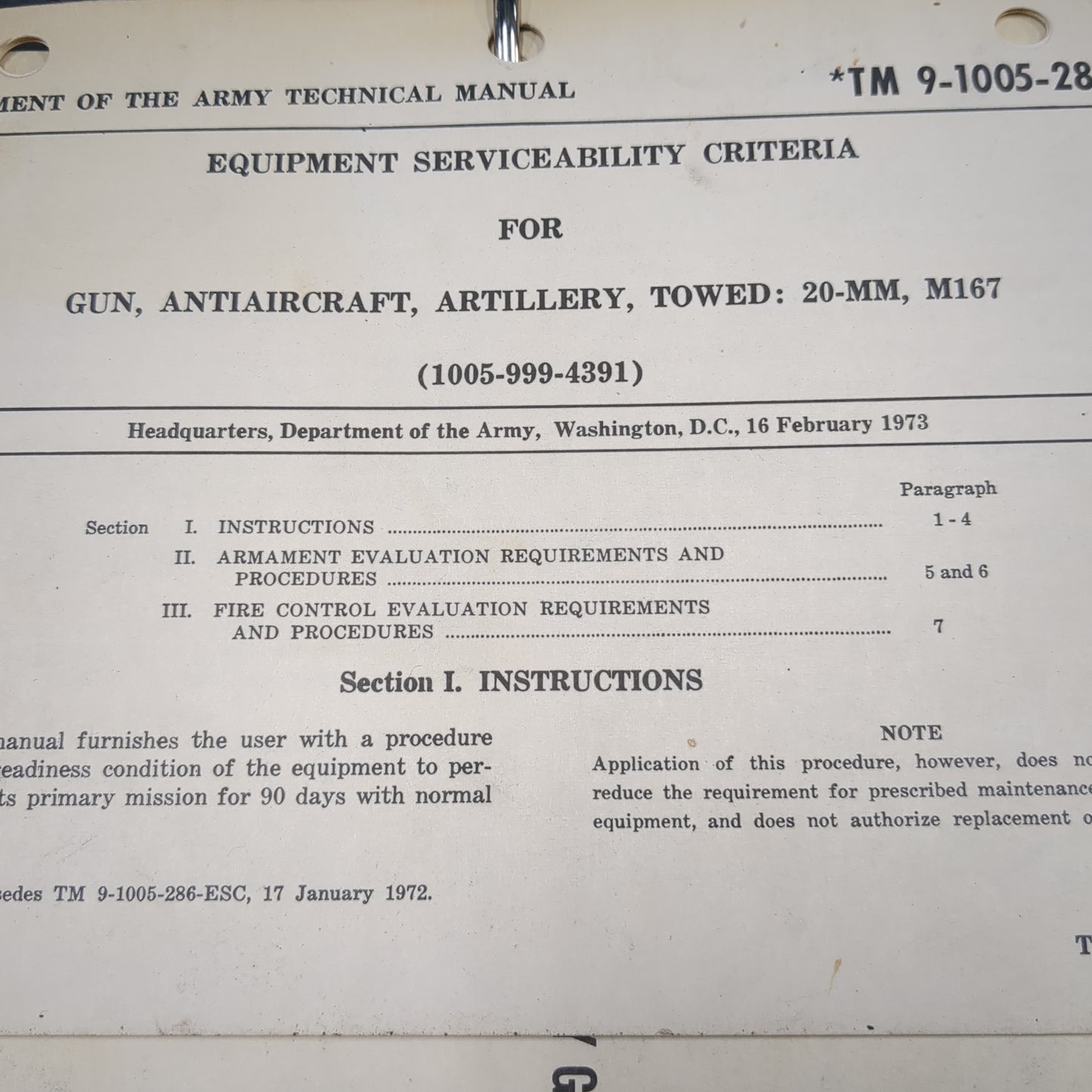 BOOK: January 1973 TECHNICAL MANUAL OPERATOR'S MANUAL GUN, AIR DEFENSE, ARTILLERY, TOWED: 20-MM,M167 (box13)