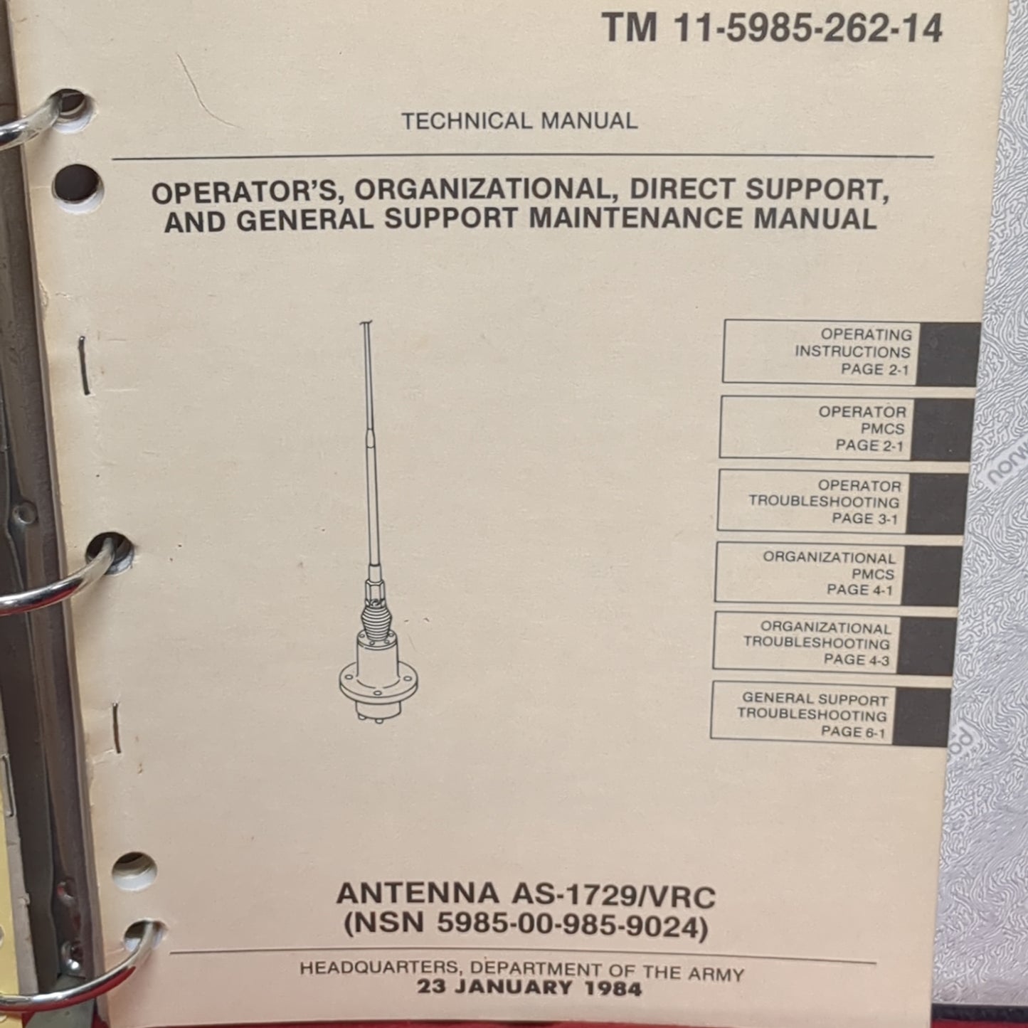 BOOK: TECHNICAL MANUAL: OPERATOR'S, ORGANIZATIONAL, DIRECT SUPPORT, AND GENERAL SUPPORT MAINTENANCE MANUAL ANTENNA AS-1729/VRD 23 JANUARY 1984 (box13)