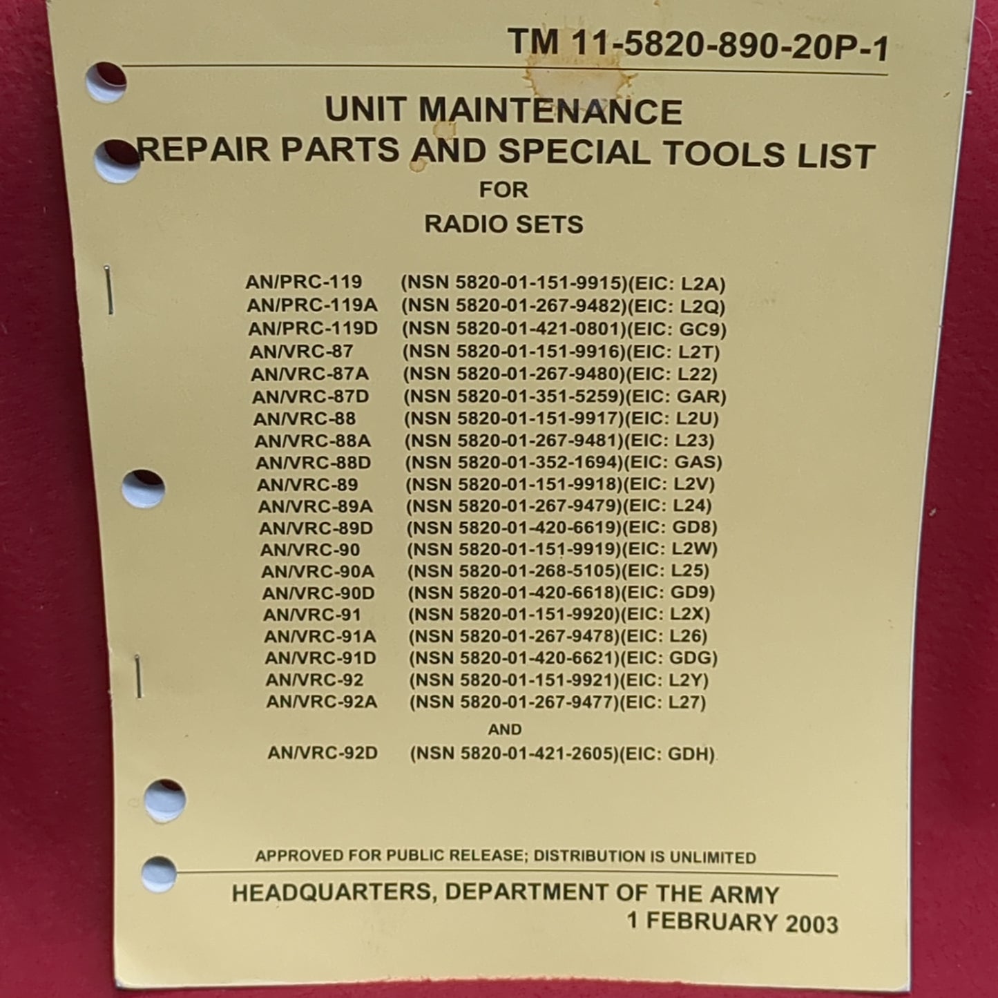 BOOK: UNIT MAINTENANCE REPAIR PARTS AND SPECIAL TOOLS LIST FOR RADIO SETS 1 FEBRUARY 2003 (box17)