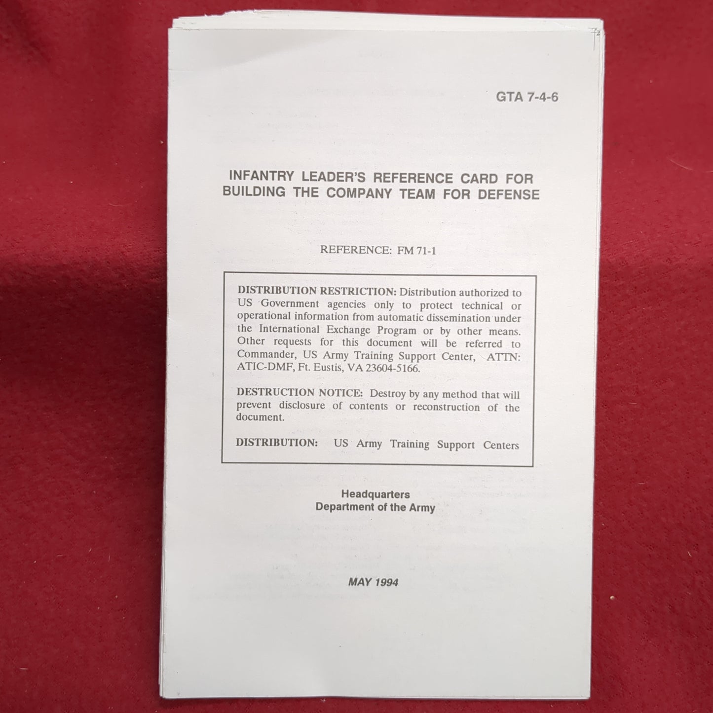 BOOK: FIGHTING POSITION CONSTRUCTION INFANTRY LEADER'S REFERENCE CARD MAY 1994 (box10)