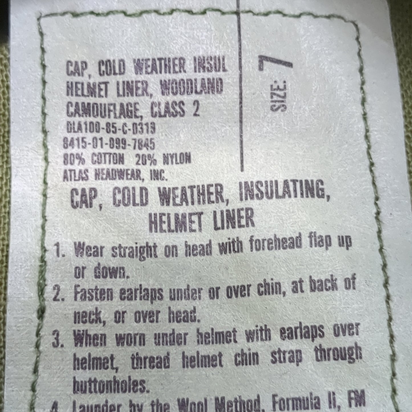 US Army Woodland BDU Pattern 7 HELMET LINER INSULATED PILE CAP Extreme Cold Weather Excellent Condition (bdu2-FA13-NOV125