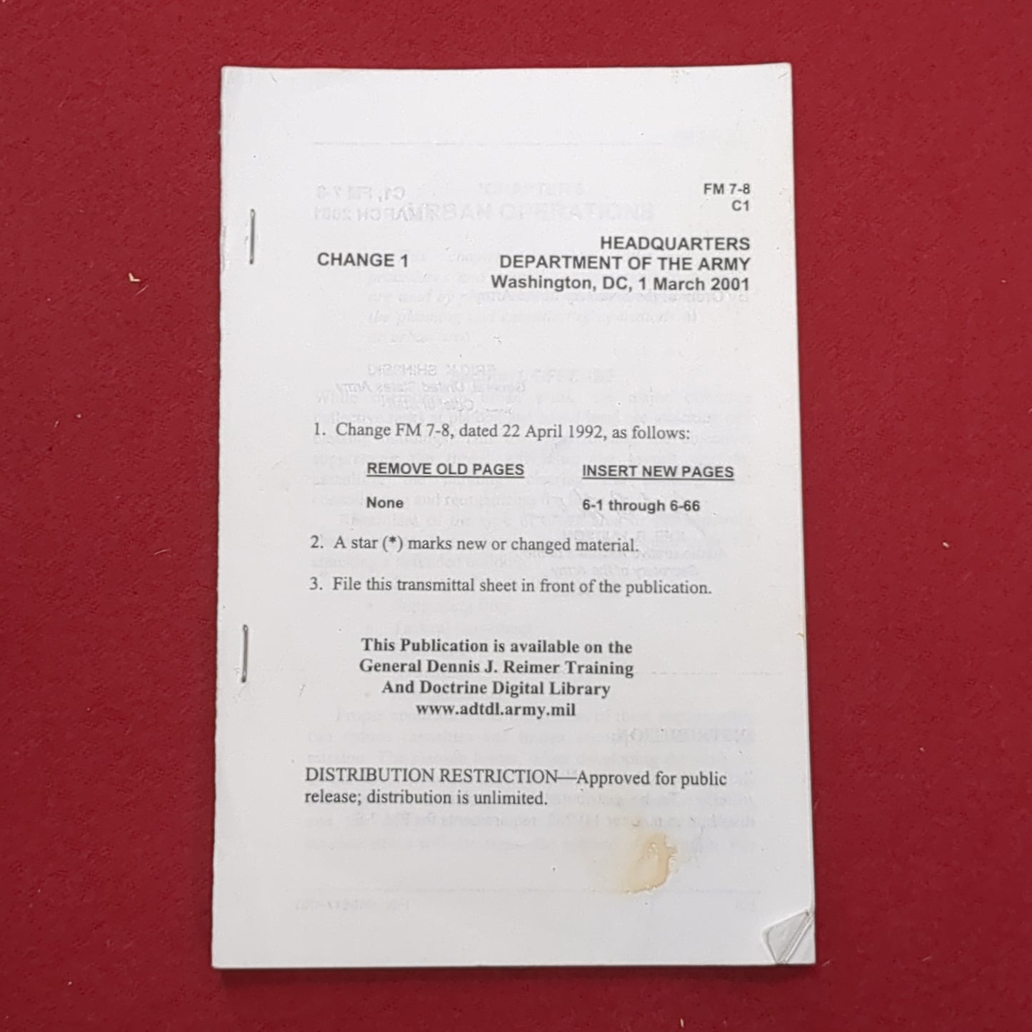 BOOK: HEADQUARTERS DEPARTMENT OF THE ARMY WASHINGTON, DC, 1 MARCH 2001(BOX 19)