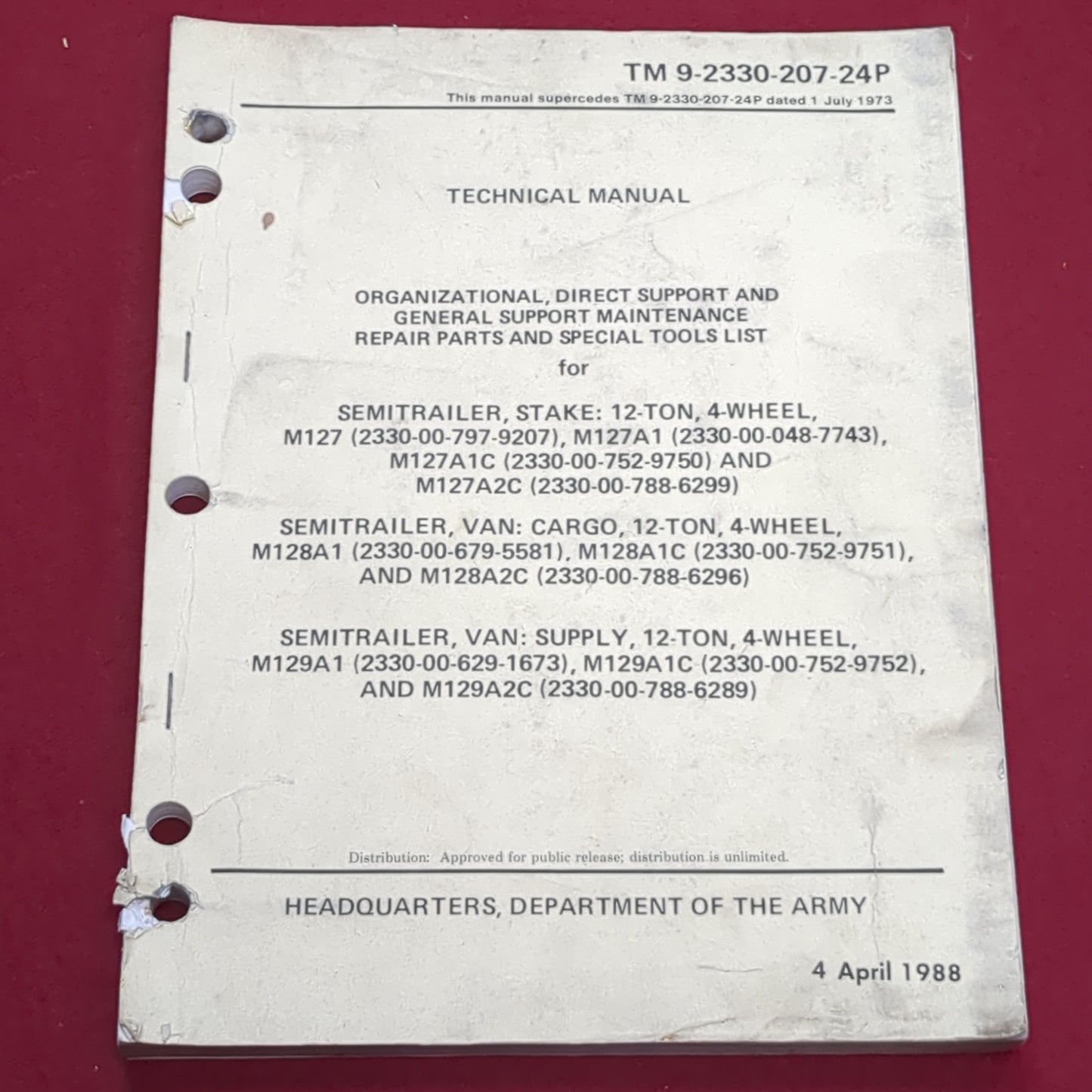 BOOK: ORGANIZATIONAL, SUPPORT MAINTENANCE SEMITRAILER VAN 4 APRIL 1988 (BOX20)