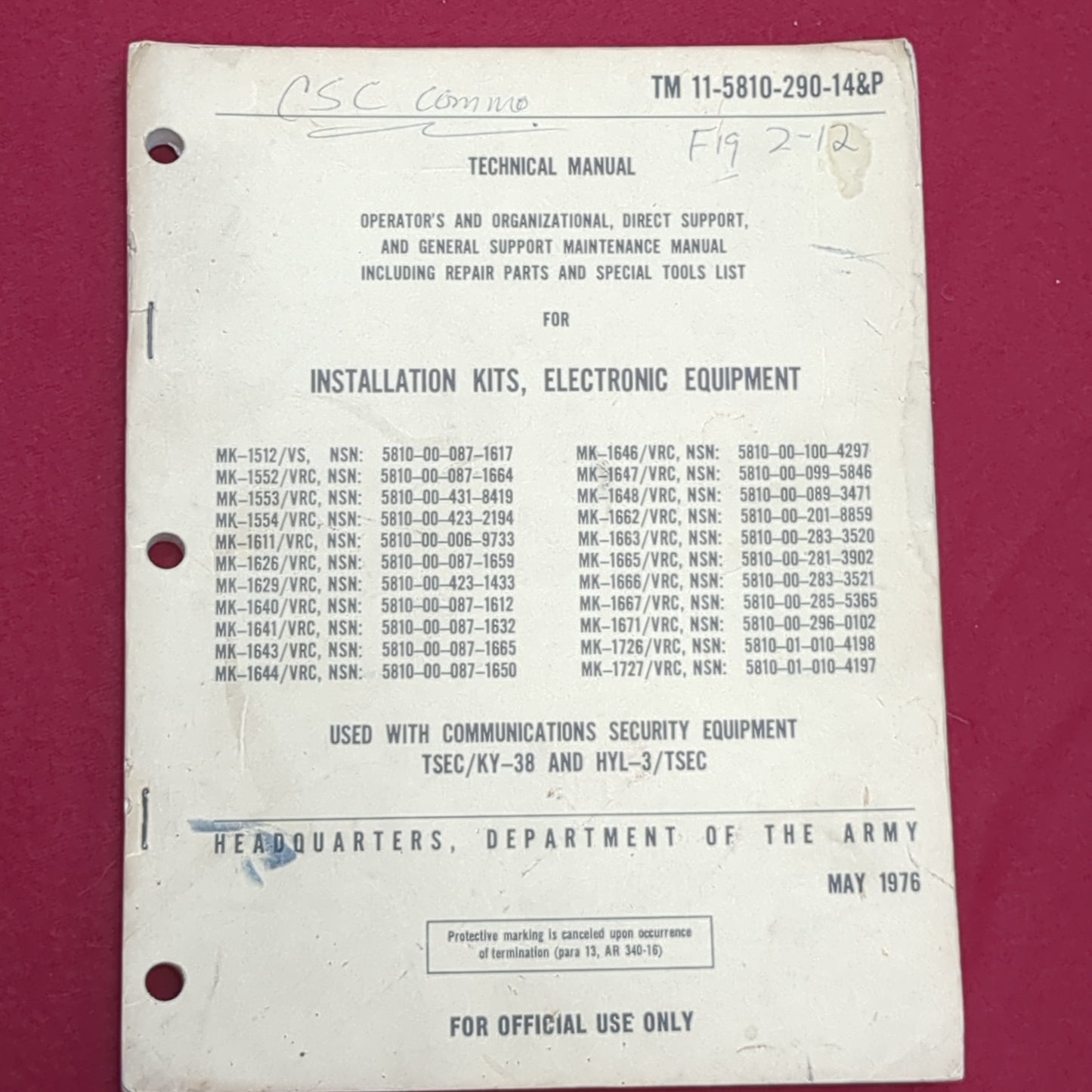 BOOK TECHNICAL MANUAL OPERATOR'S AND ORGANIZATIONAL, DIRECT SUPPORT, AND GENERAL SUPPORT MAINTENANCE MANUAL INCLUDING REPAIR PARTS AND SPECIAL TOOLS LIST FOR INSTALLATION KITS, ELECTRONIC EQUIPMENT MAY 1976 (BOX21)