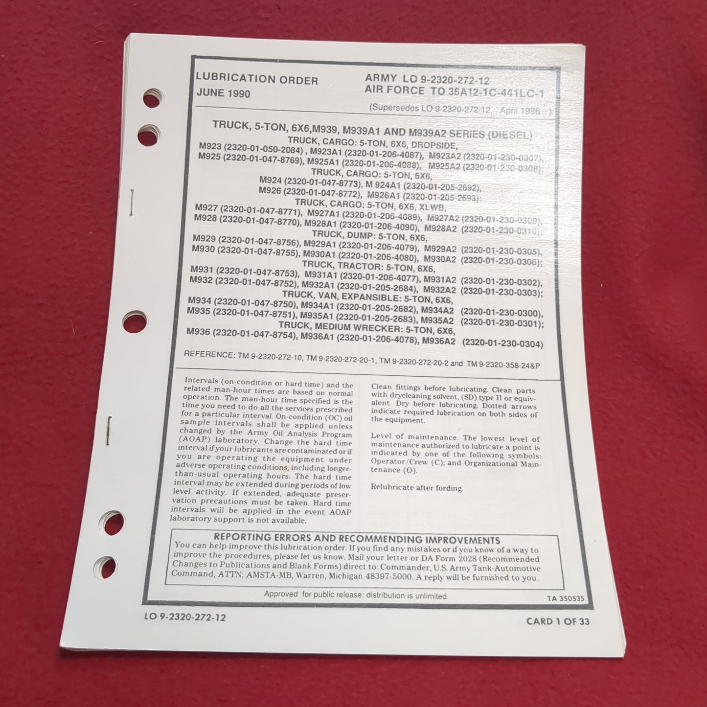 BOOK LUBRICATION ORDER TRUCK, 5-TON, CARGO: 5-TON, 6X6, DROPSIDE(BOX21)