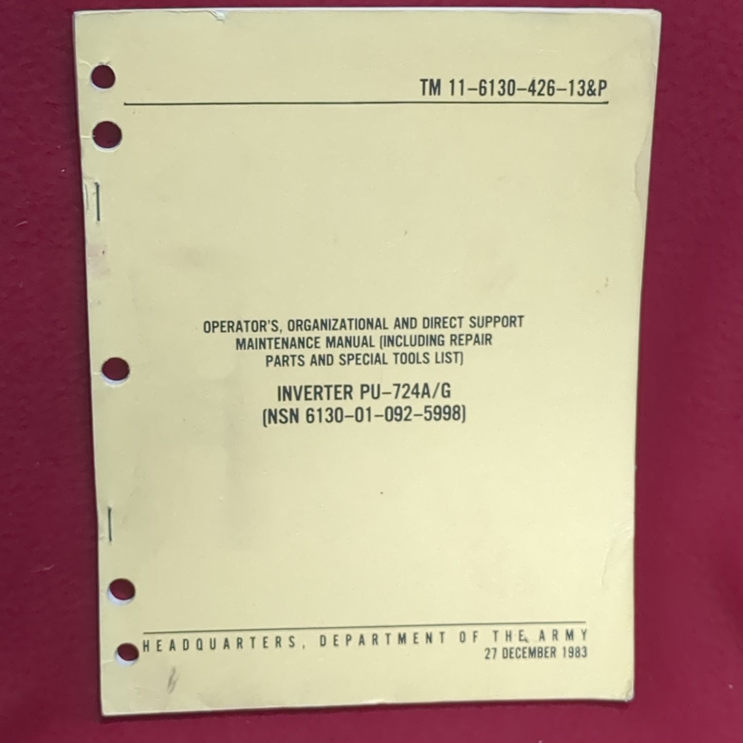 BOOK OPERATOR'S, ORGANIZATIONAL AND DIRECT SUPPORT MAINTENANCE MANUAL (INCLUDING REPAIR PARTS AND SPECIAL TOOLS LIST) INVERTER PU-724A/G (NSN 6130-01-092-5998) 27 DECEMBER 1983 (BOX21)