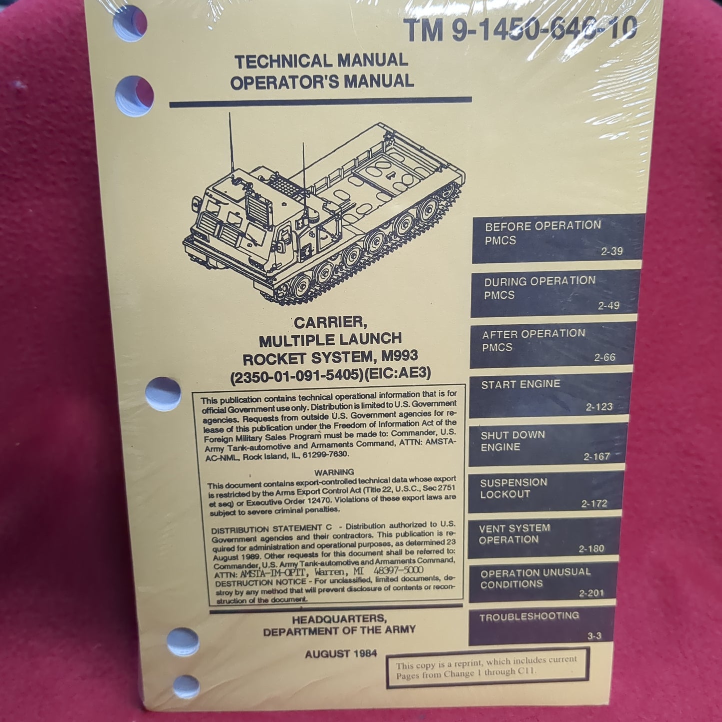 BOOK - TECHNICAL MANUAL OPERATOR'S MANUAL CARRIER, MULTIPLE LAUNCH ROCKET SYSTEM M993 (2350-01-091-5405) (EIC:AE3) AUGUST 1984 (BOX26)