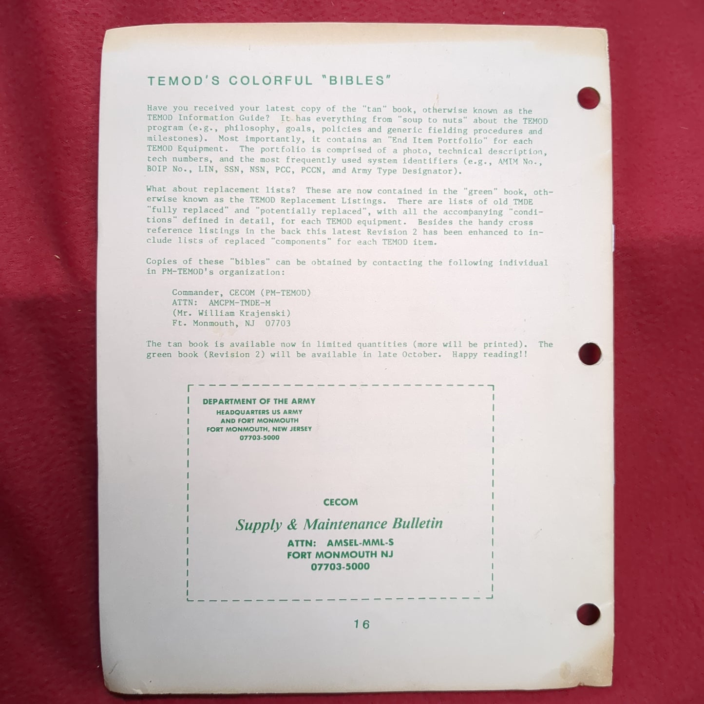 BOOK CECOM SUPPLY & MAINTENANCE BULLETIN MATERIEL MANAGEMENT DIRECTORATE MAINENANCE DIRECTORATE VOLUME 13 NO. 3 30 SEPTEMBER 1987 (BOX22)