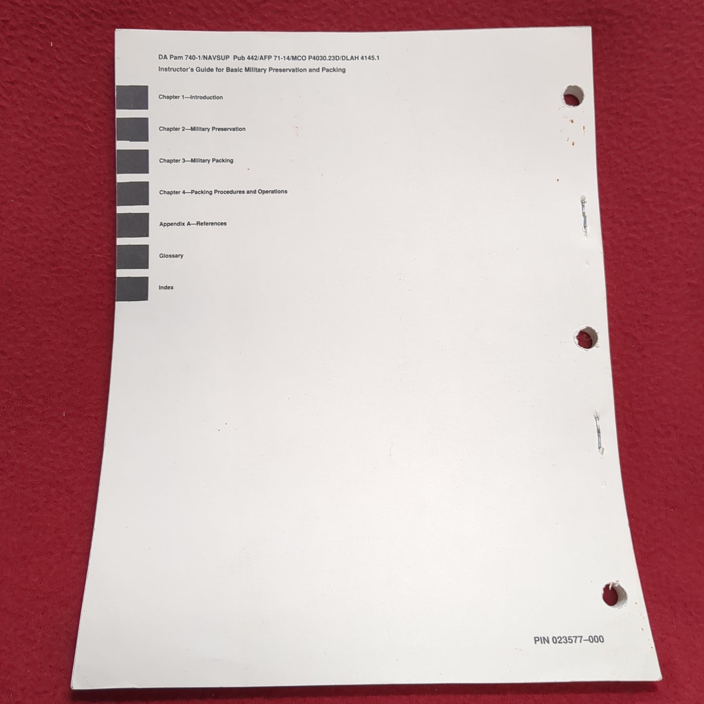 BOOK - INSTRUCTIONAL GUIDE FOR BASIC MILITARY PRESERVATION AND PACKING 29 JUNE 1990 (BOX 28)