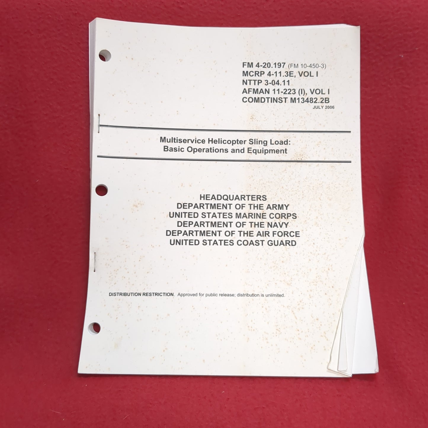 BOOK - ARMY, MARINE CORPS, NAVY, AIR FORCE, COAST GUARD: MULTISERVICE HELICOPTER SLING LOAD: BASIC OPERATIONS AND EQUIPMENT JULY 2006(BOX 28)