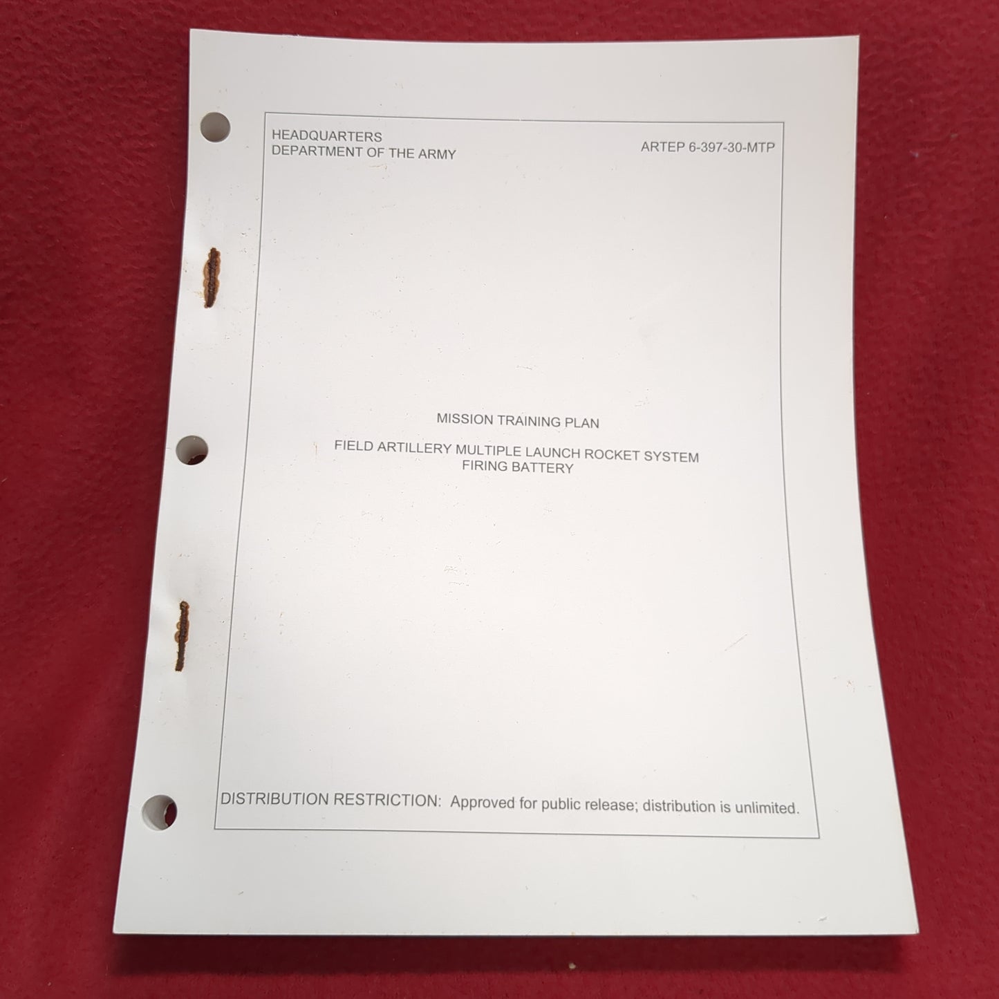 BOOK -MISSION TRAINING PLAN: FIELD ARTILLERY MULTIPLE LAUNCH ROCKET SYSTEM FIRING BATTERY: 15 MAY 1997 (BOX 29)
