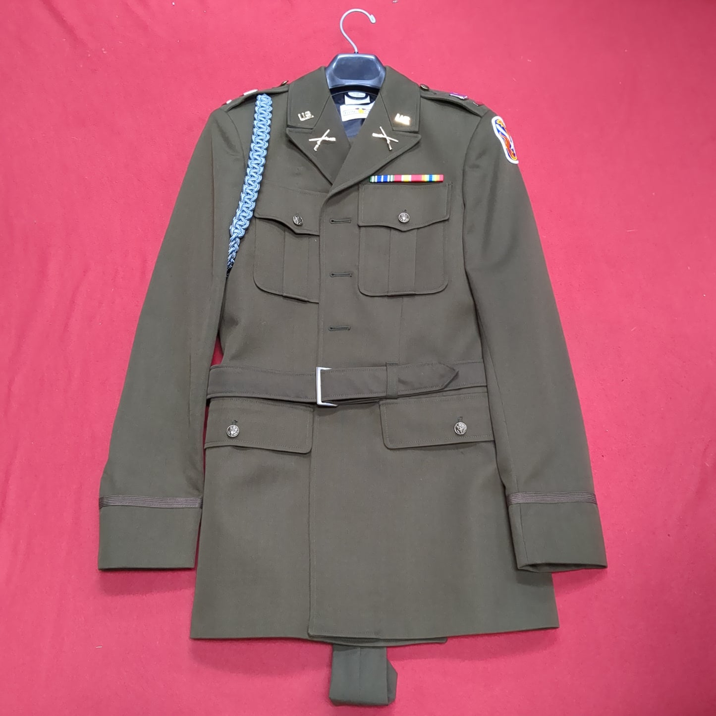 AGSU Army Green Service Uniform Jacket W/ Blue Cord, Tie, Ribbons, and Patches Male Dress Coat Size: 38 L-C Excellent Condition (GTT-DEC01)