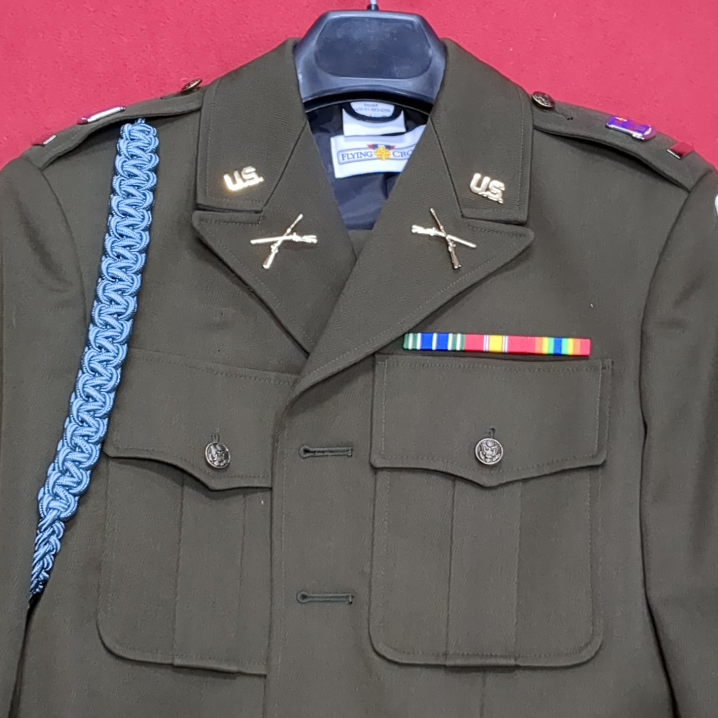 AGSU Army Green Service Uniform Jacket W/ Blue Cord, Tie, Ribbons, and Patches Male Dress Coat Size: 38 L-C Excellent Condition (GTT-DEC01)