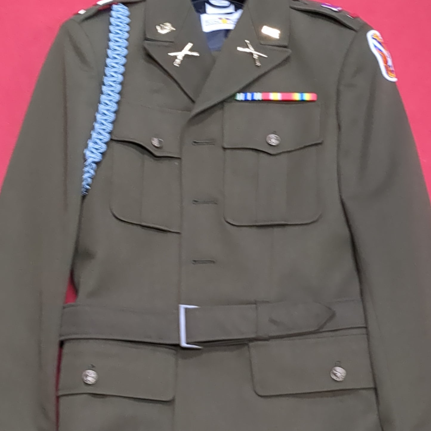 AGSU Army Green Service Uniform Jacket W/ Blue Cord, Tie, Ribbons, and Patches Male Dress Coat Size: 38 L-C Excellent Condition (GTT-DEC01)