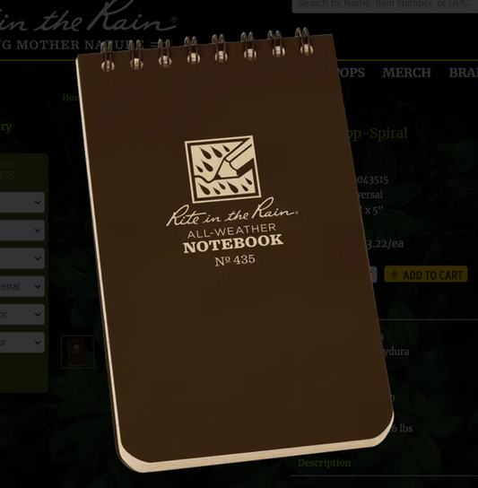 435 3x5 Brown Top Spiral Pocket Rite in the Rain Notebook 3" x 5" (435)