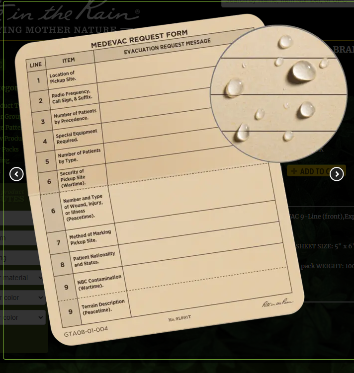 9L991T 9-Line Medevac Card 50 per pack Rite in the Rain (9L991T)
