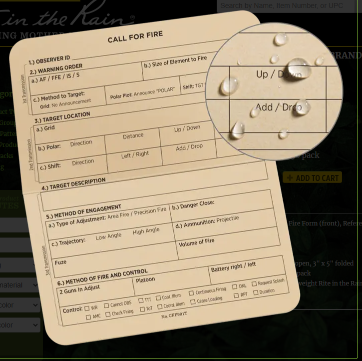 CFF991T Call for Fire Card 50 per pack Rite in the Rain (CFF991T)