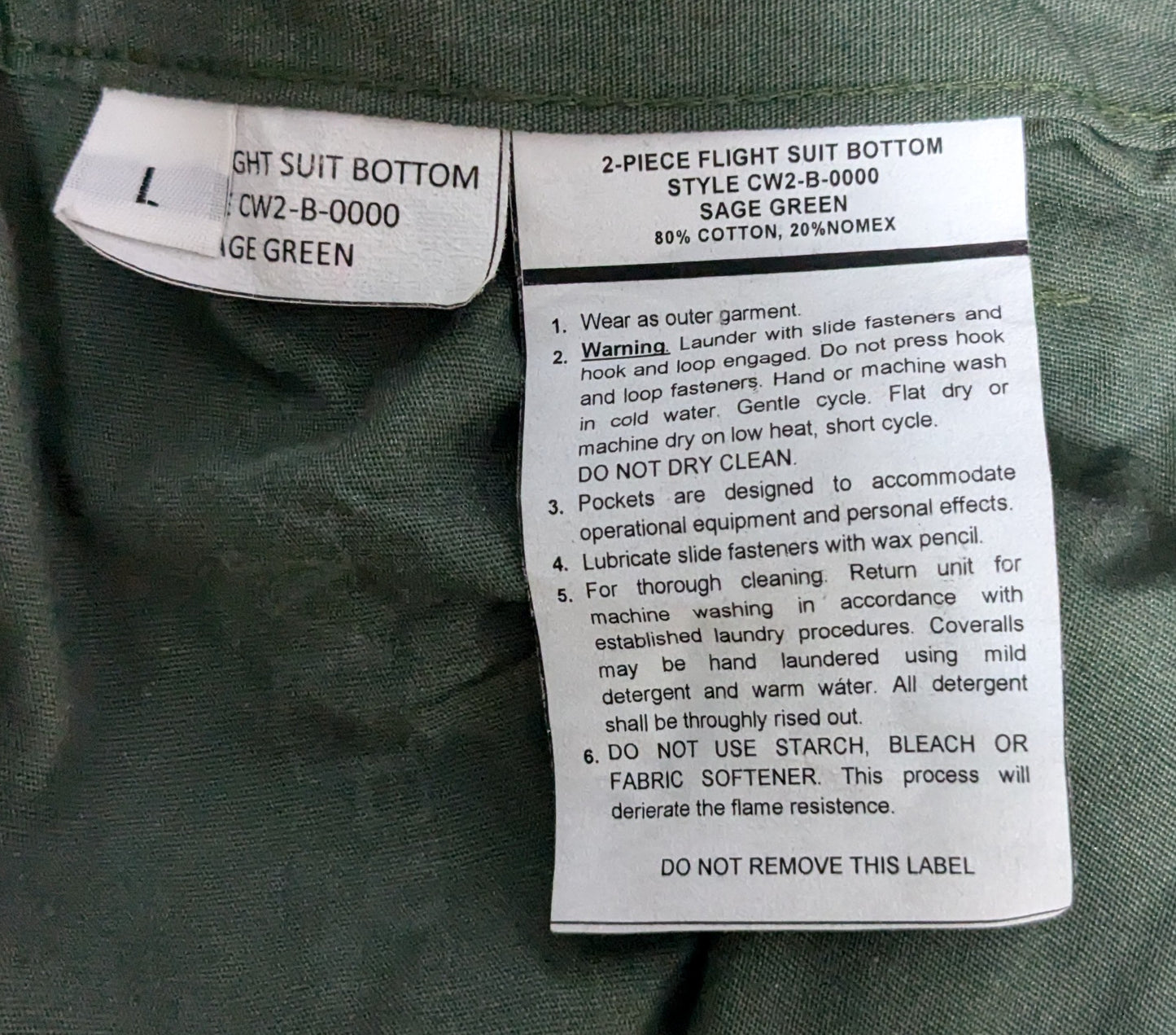Large 2-Piece Flight Suit Bottoms Pants Sage Green CW2-B-0000 (ab02-25Jun72)