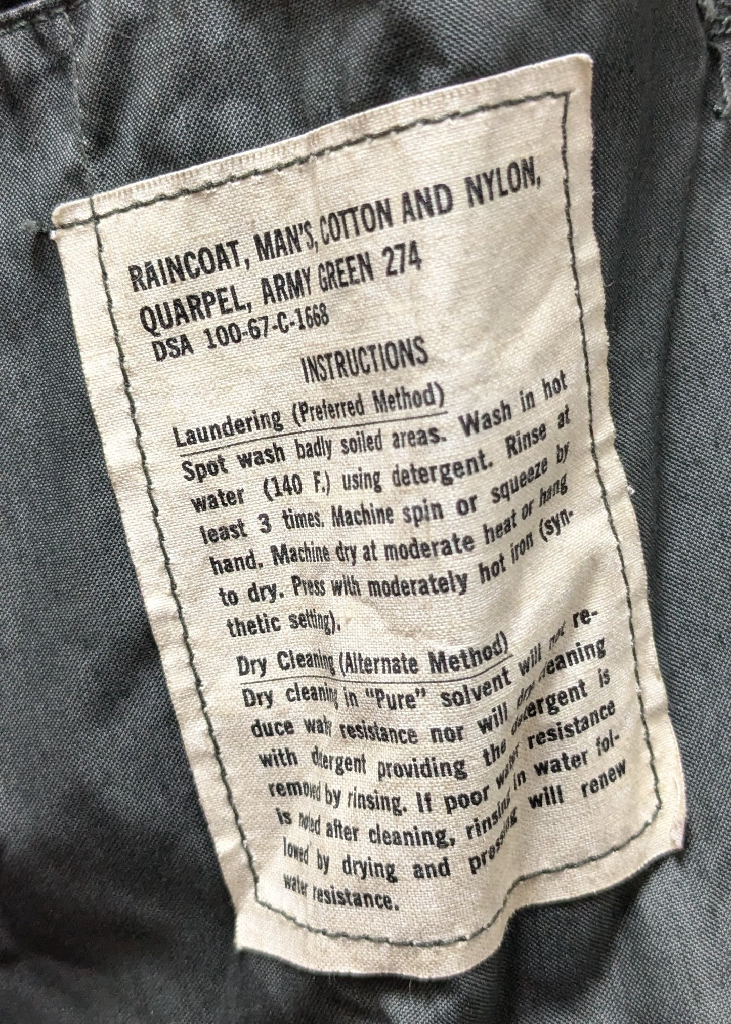 Raincoat, Man's, Cotton and Nylon, Quarpel Army Green 274 (CB09-25APR26)