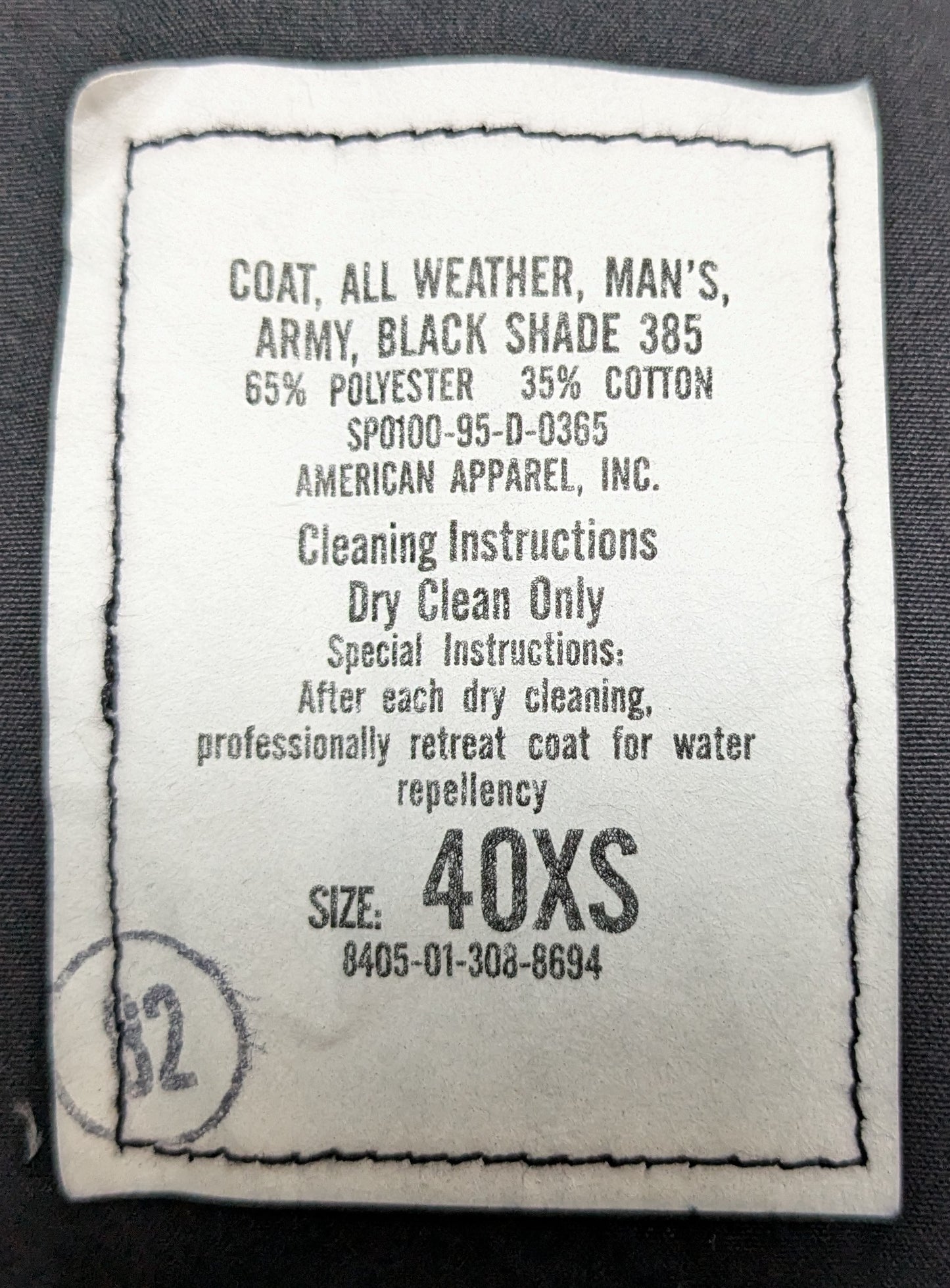 NOS US Army All Weather Coat Black Shade 385, 40 X-Small (DA02-25APR22)