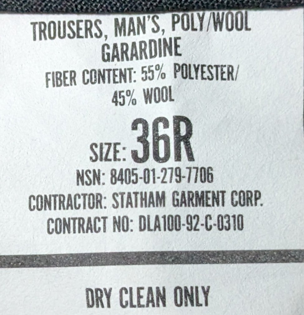 USMC Service Trousers Man's, Poly/Wool Garardine 36R (FB1-26Feb65)