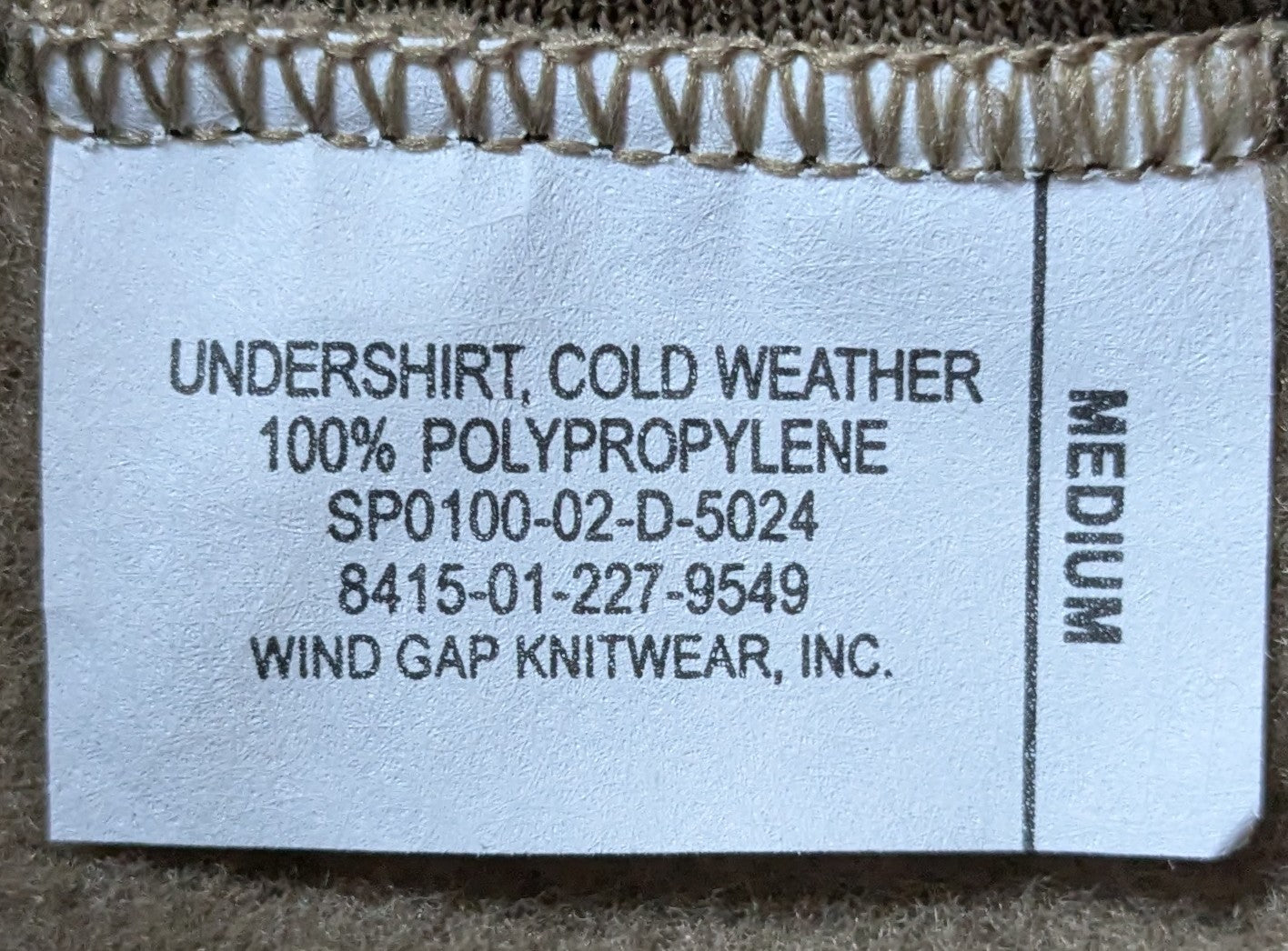Undershirt Cold Weather Polypro Coyote Medium (PB01-25Dec15)