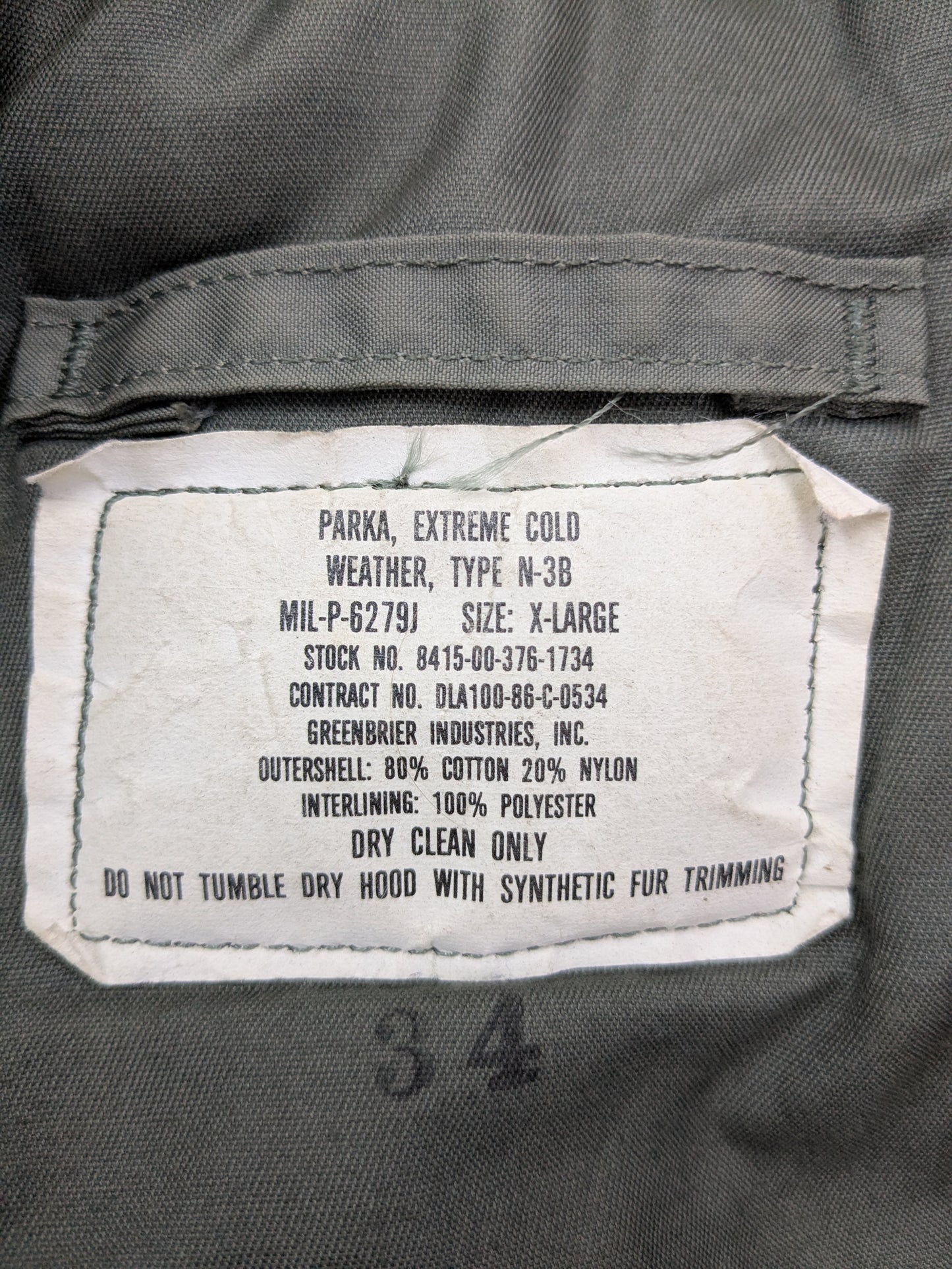 US Military Extreme Cold Weather Parka Jacket XL Type N-3B (ca11-apg18)